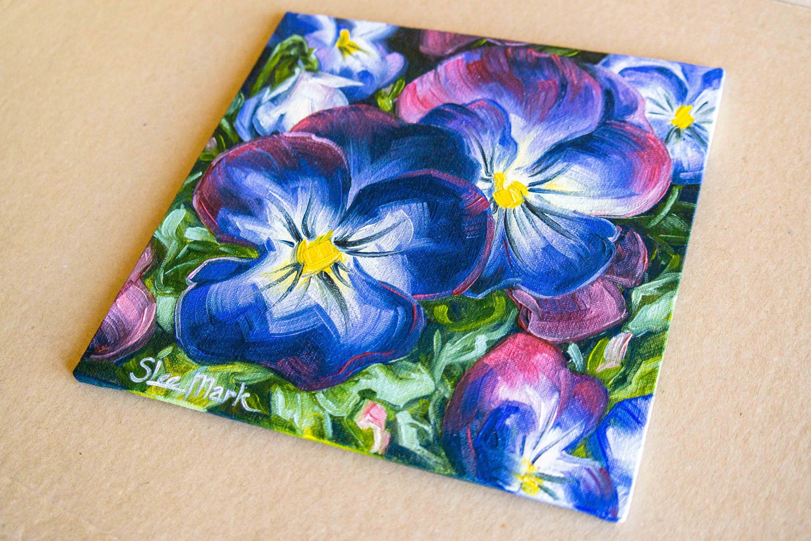 Violets Original art 8x8 by S. Lee Mark - Stil life oil violets painting art still life violets flowers painting small art