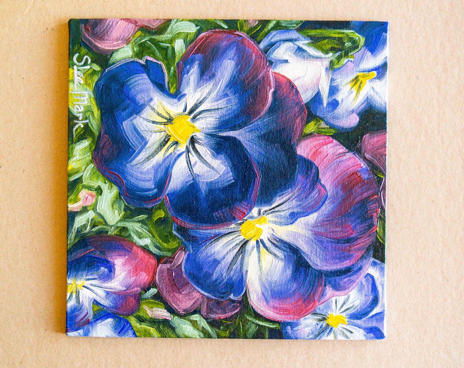Violets Original art 8x8 by S. Lee Mark - Stil life oil violets painting art still life violets flowers painting small art