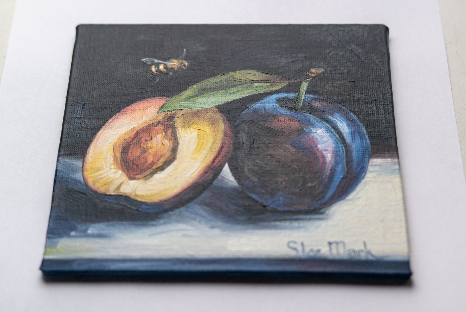 Plums with a bee Original art 6x6 by S. Lee Mark Stil life oil painting Fruit art Vegetable still life painting Small artwork Kitchen Decor