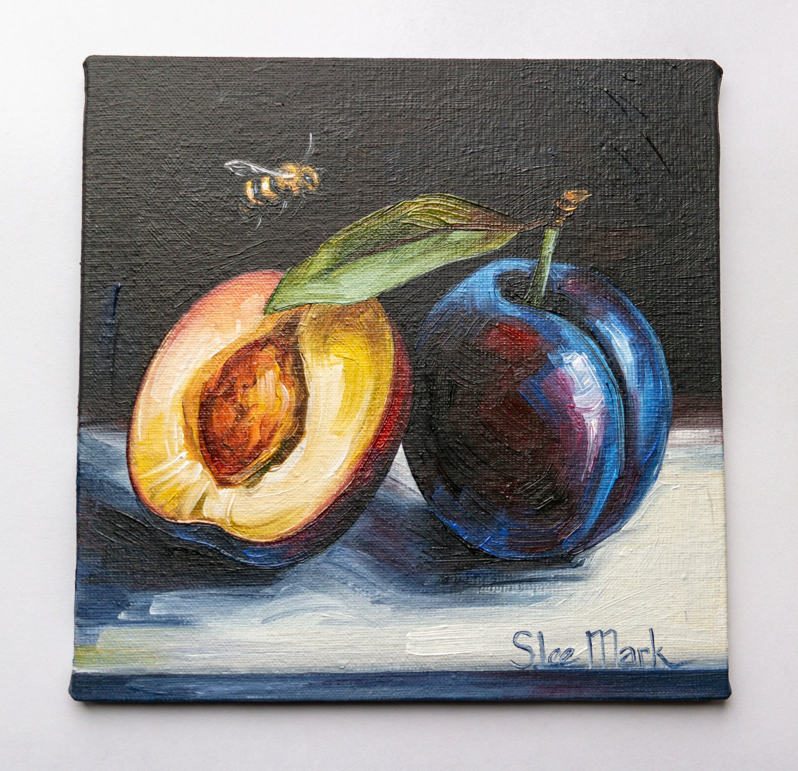 Plums with a bee Original art 6x6 by S. Lee Mark Stil life oil painting Fruit art Vegetable still life painting Small artwork Kitchen Decor