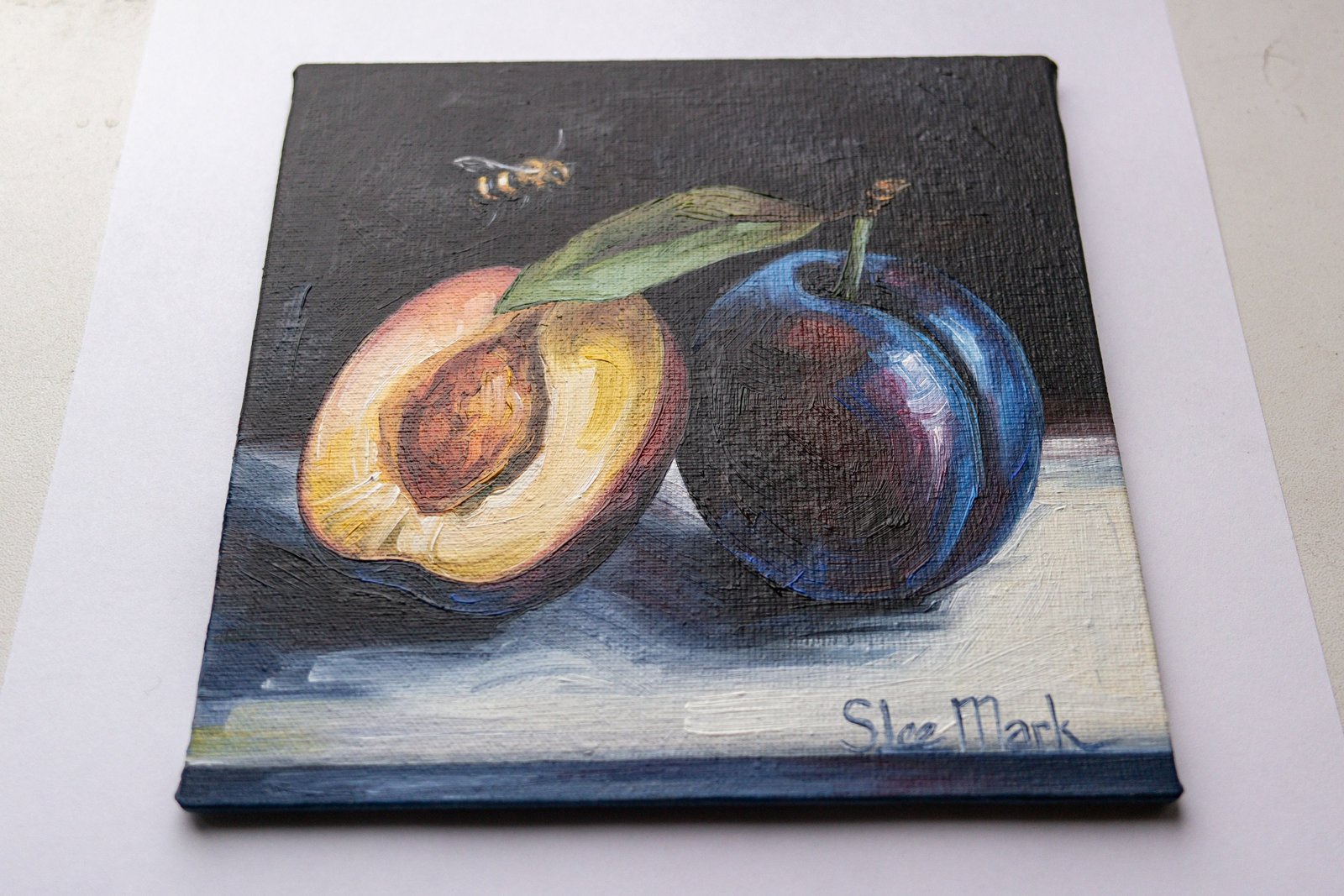 Plums with a bee Original art 6x6 by S. Lee Mark Stil life oil painting Fruit art Vegetable still life painting Small artwork Kitchen Decor