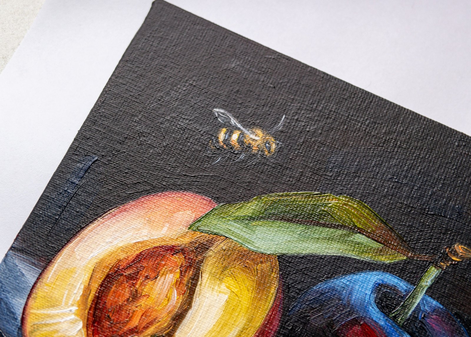 Plums with a bee Original art 6x6 by S. Lee Mark Stil life oil painting Fruit art Vegetable still life painting Small artwork Kitchen Decor