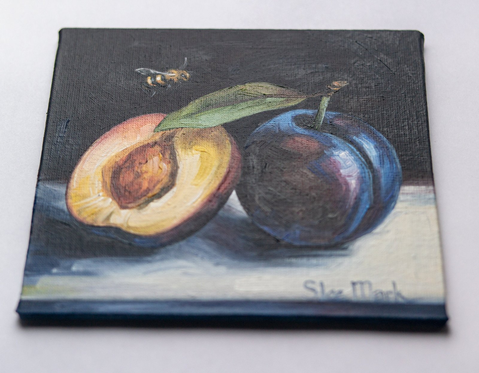 Plums with a bee Original art 6x6 by S. Lee Mark Stil life oil painting Fruit art Vegetable still life painting Small artwork Kitchen Decor