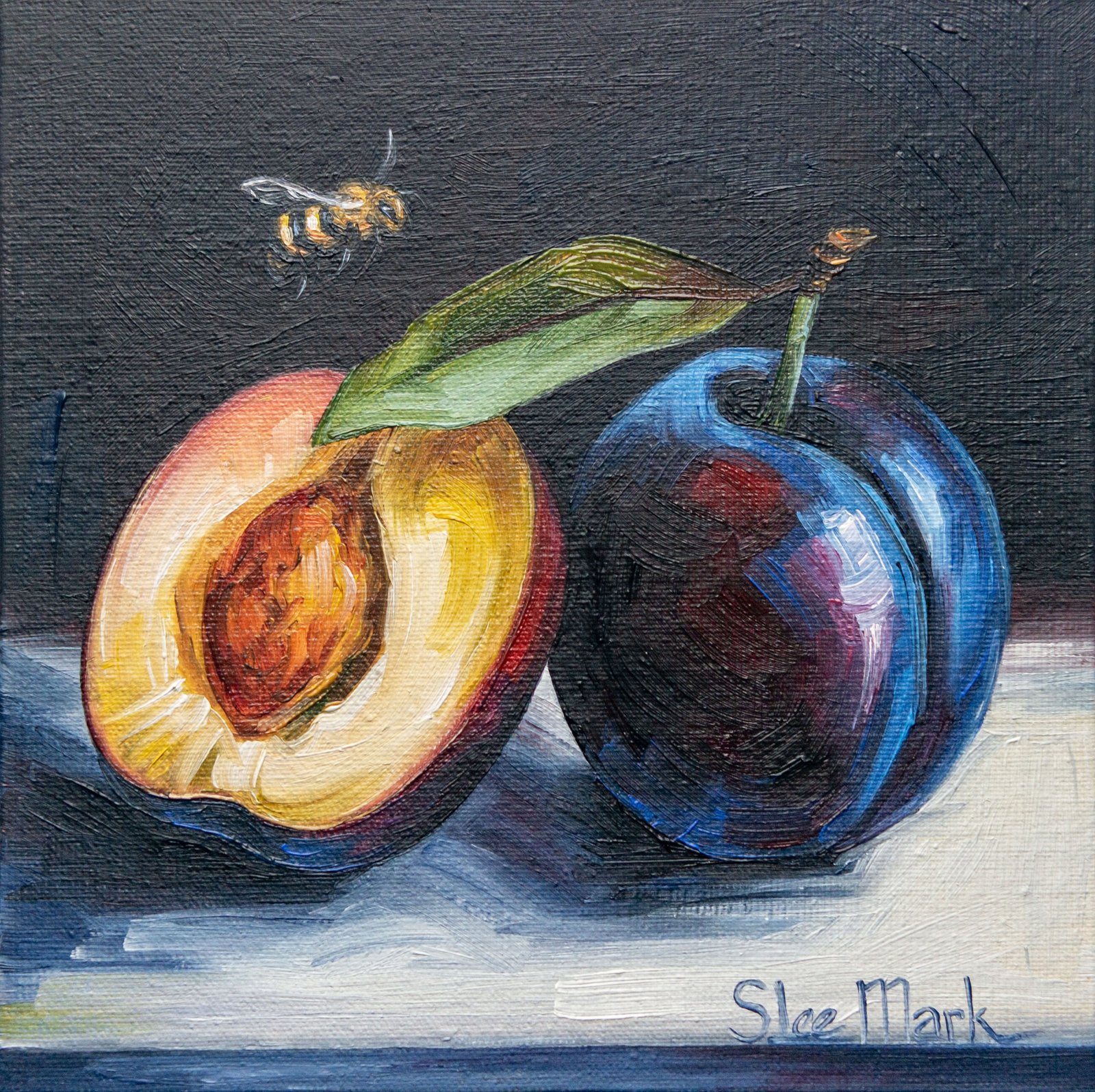Plums with a bee Original art 6x6 by S. Lee Mark Stil life oil painting Fruit art Vegetable still life painting Small artwork Kitchen Decor