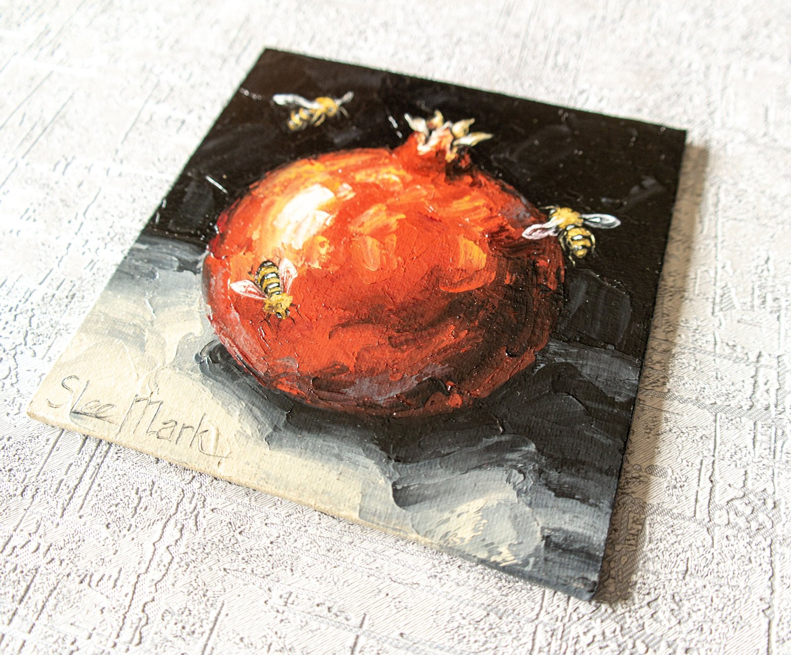 Pomegranate bee Original art 6" S. Lee Mark Stil life oil painting Fruit art still life Fruit painting Garnet art Home Living Décor Wall Bee