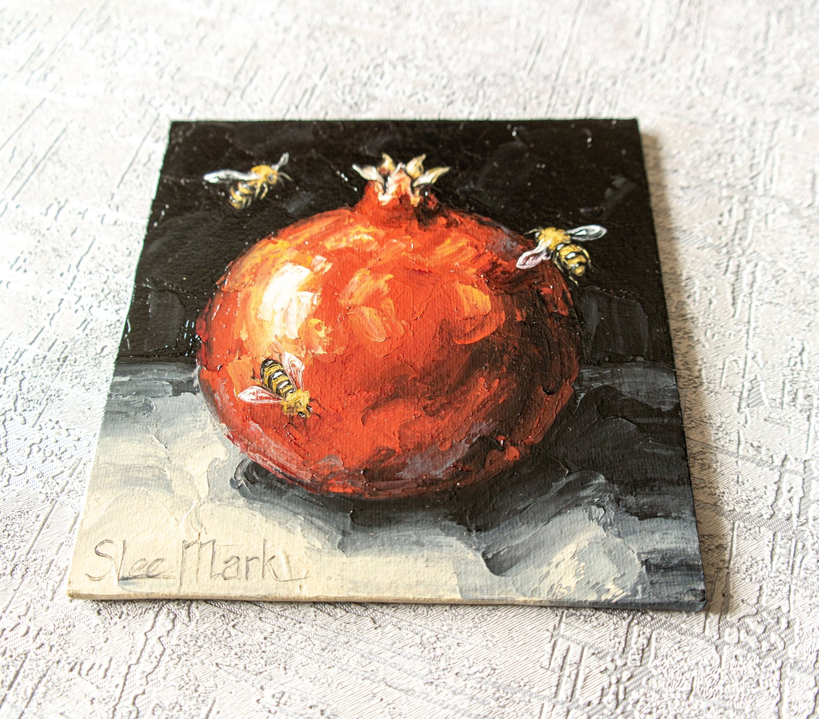 Pomegranate bee Original art 6" S. Lee Mark Stil life oil painting Fruit art still life Fruit painting Garnet art Home Living Décor Wall Bee
