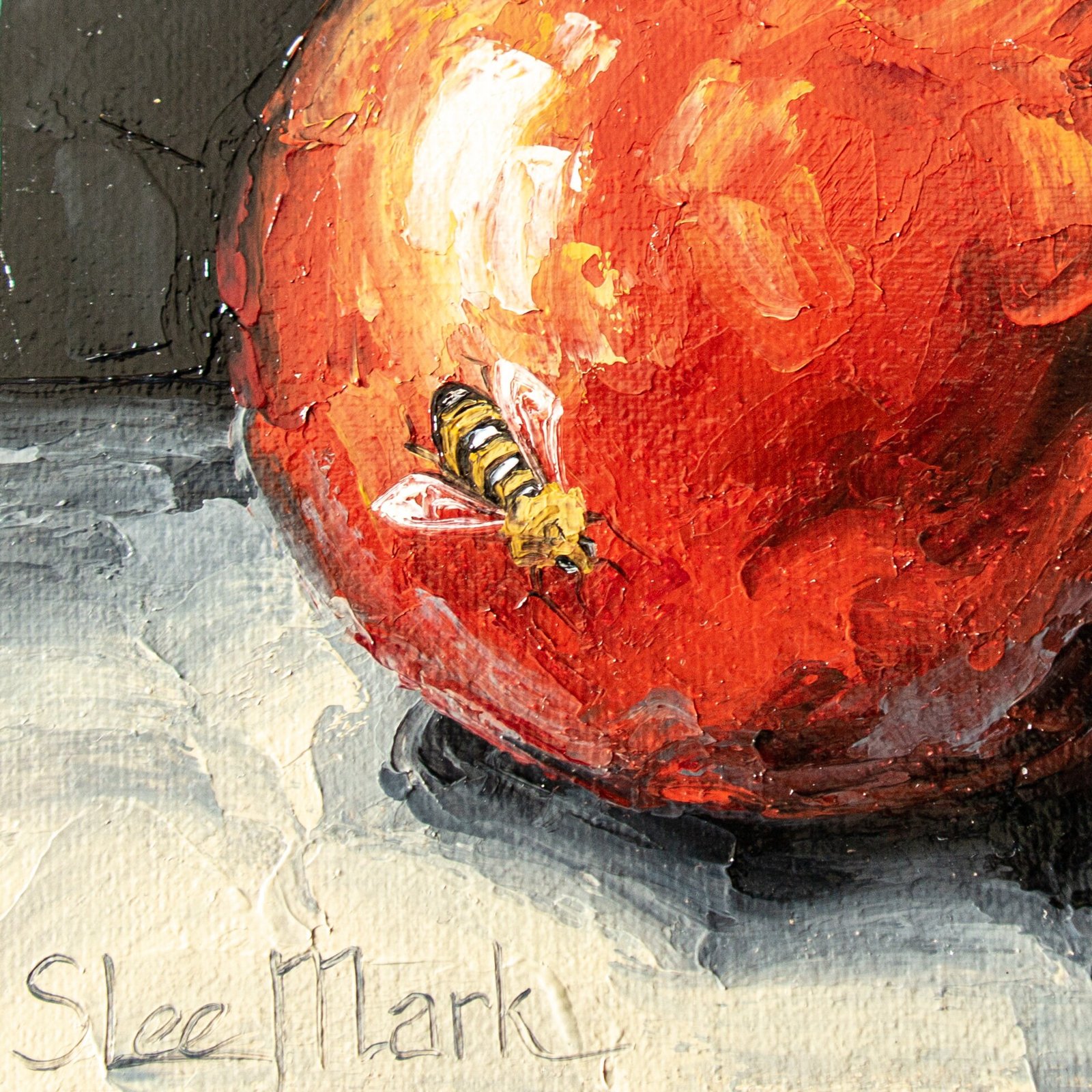Pomegranate bee Original art 6" S. Lee Mark Stil life oil painting Fruit art still life Fruit painting Garnet art Home Living Décor Wall Bee