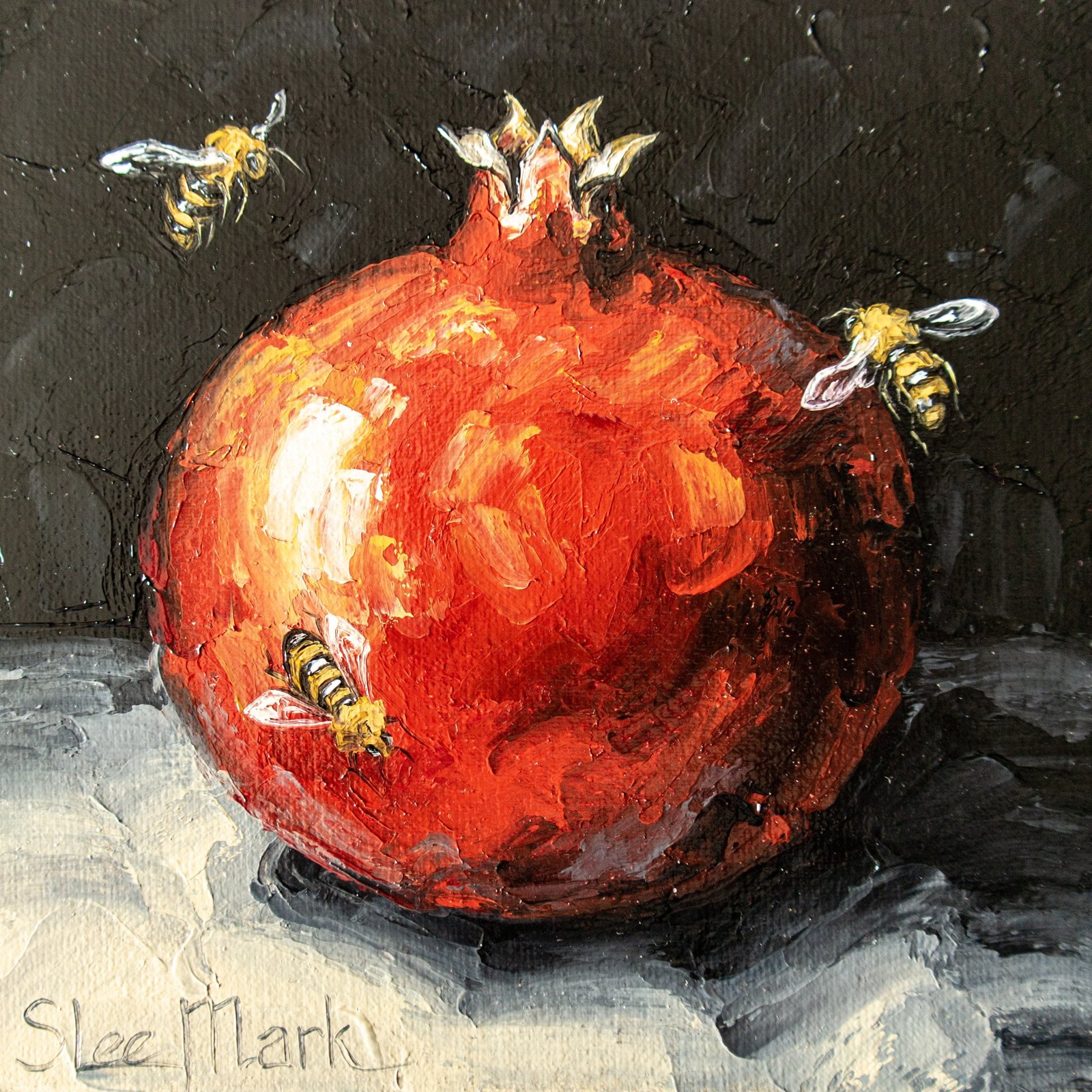 Pomegranate bee Original art 6" S. Lee Mark Stil life oil painting Fruit art still life Fruit painting Garnet art Home Living Décor Wall Bee