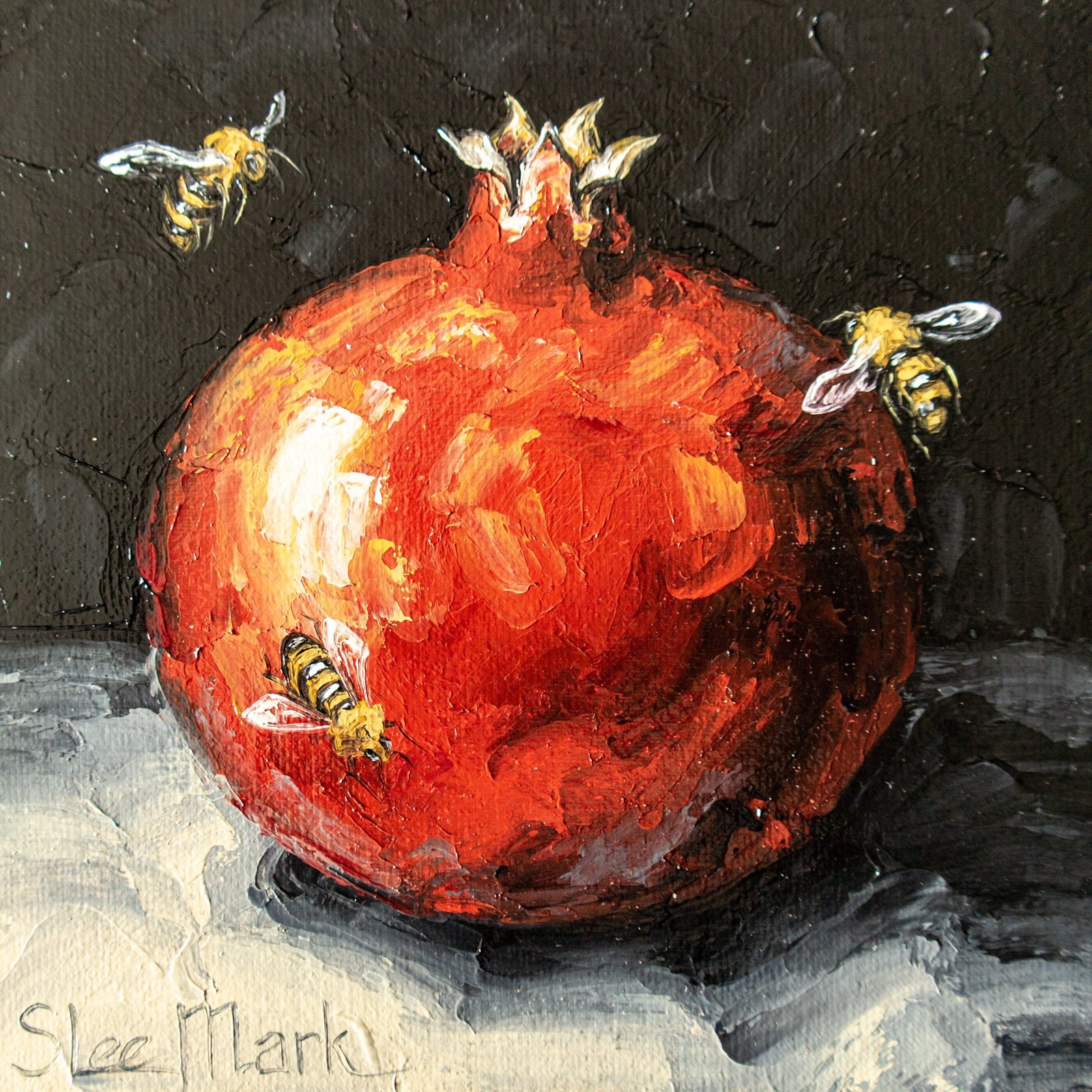 Pomegranate bee Original art 6" S. Lee Mark Stil life oil painting Fruit art still life Fruit painting Garnet art Home Living Décor Wall Bee