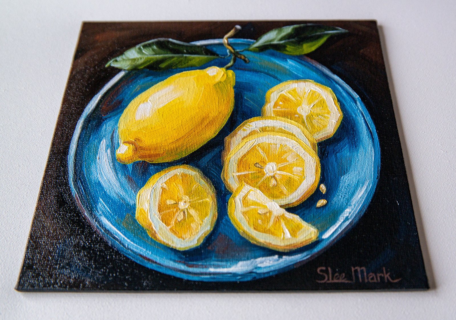 Yellow Lemon on a blue plate Original art 8x8" by S. Lee Mark - Stil life oil painting art Fruit still life Fruit painting Citrus Apples art
