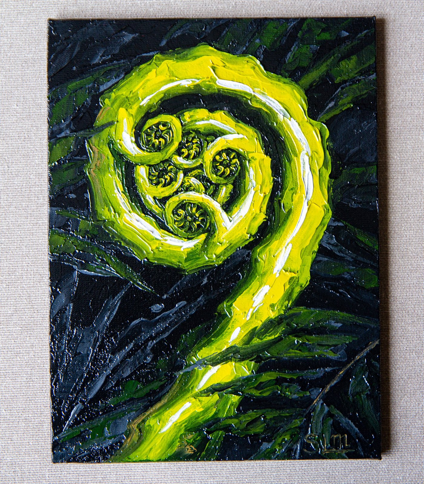 Fern spiral silver Koru loop Original art 8x6" by S. Lee Mark - Stil life oil painting Fern silver Koru art Fruit still life Fruit painting