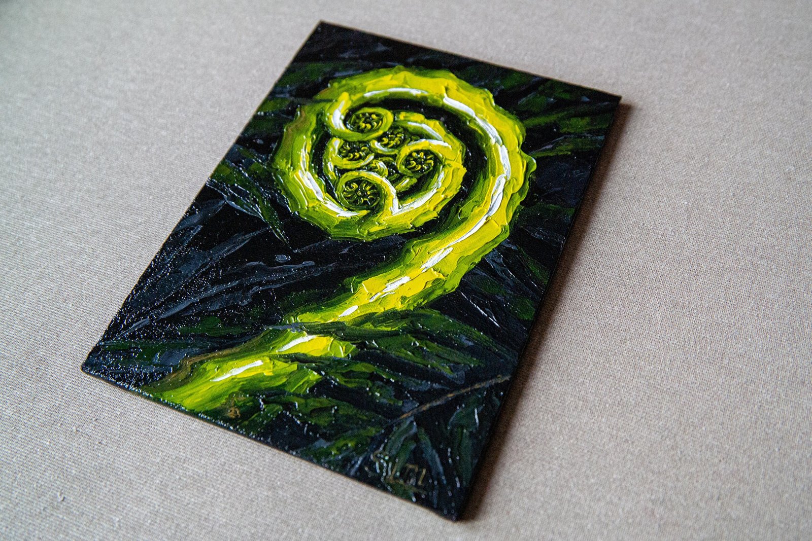 Fern spiral silver Koru loop Original art 8x6" by S. Lee Mark - Stil life oil painting Fern silver Koru art Fruit still life Fruit painting