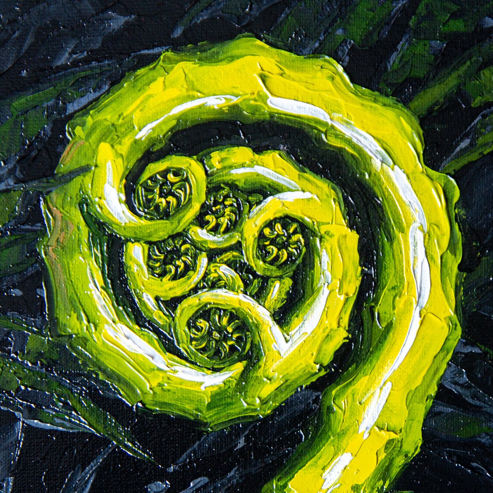 Fern spiral silver Koru loop Original art 8x6" by S. Lee Mark - Stil life oil painting Fern silver Koru art Fruit still life Fruit painting by Svitlana Lee Mark