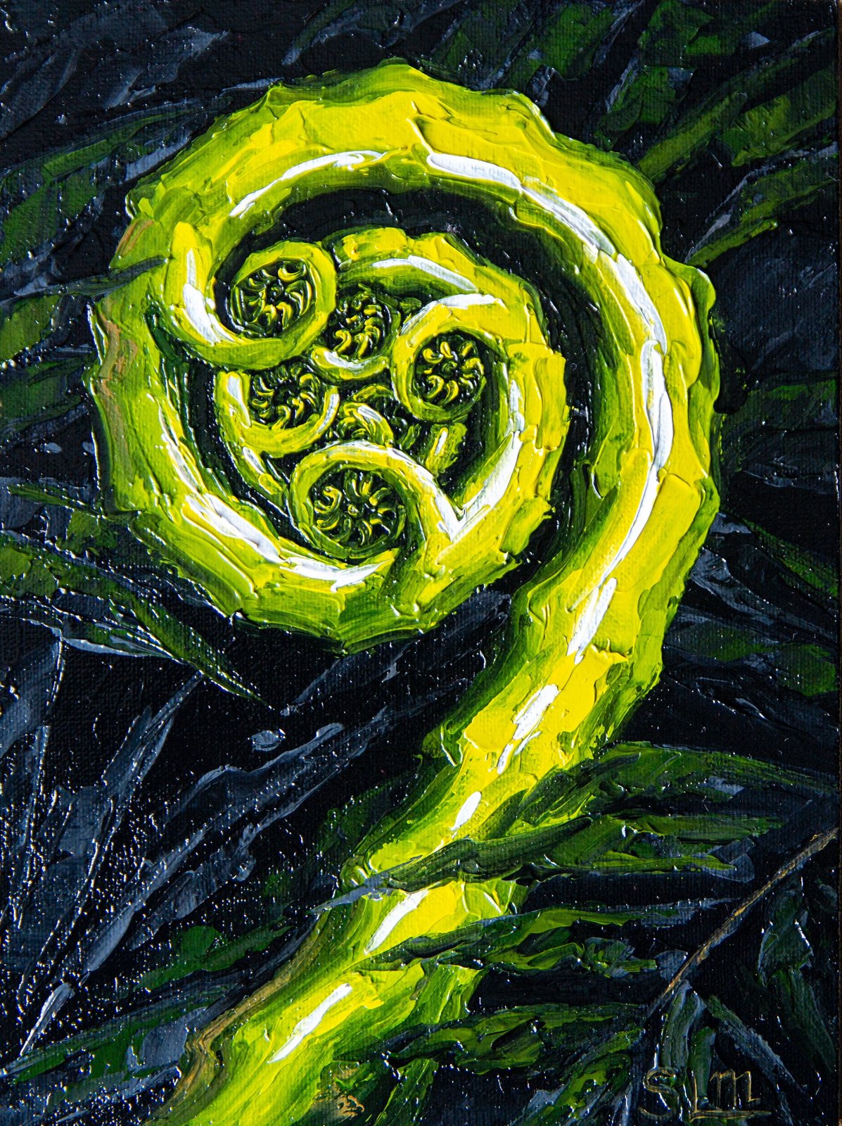 Fern spiral silver Koru loop Original art 8x6" by S. Lee Mark - Stil life oil painting Fern silver Koru art Fruit still life Fruit painting