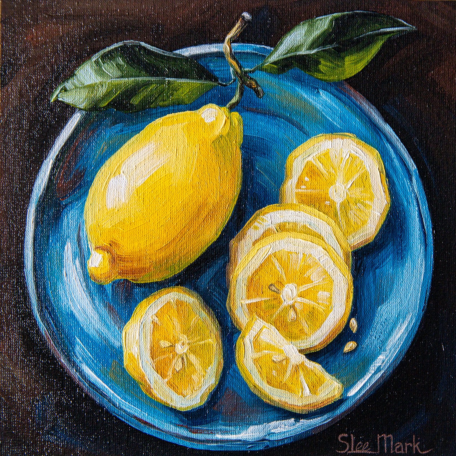 Yellow Lemon on a blue plate Original art 8x8" by S. Lee Mark - Stil life oil painting art Fruit still life Fruit painting Citrus Apples art