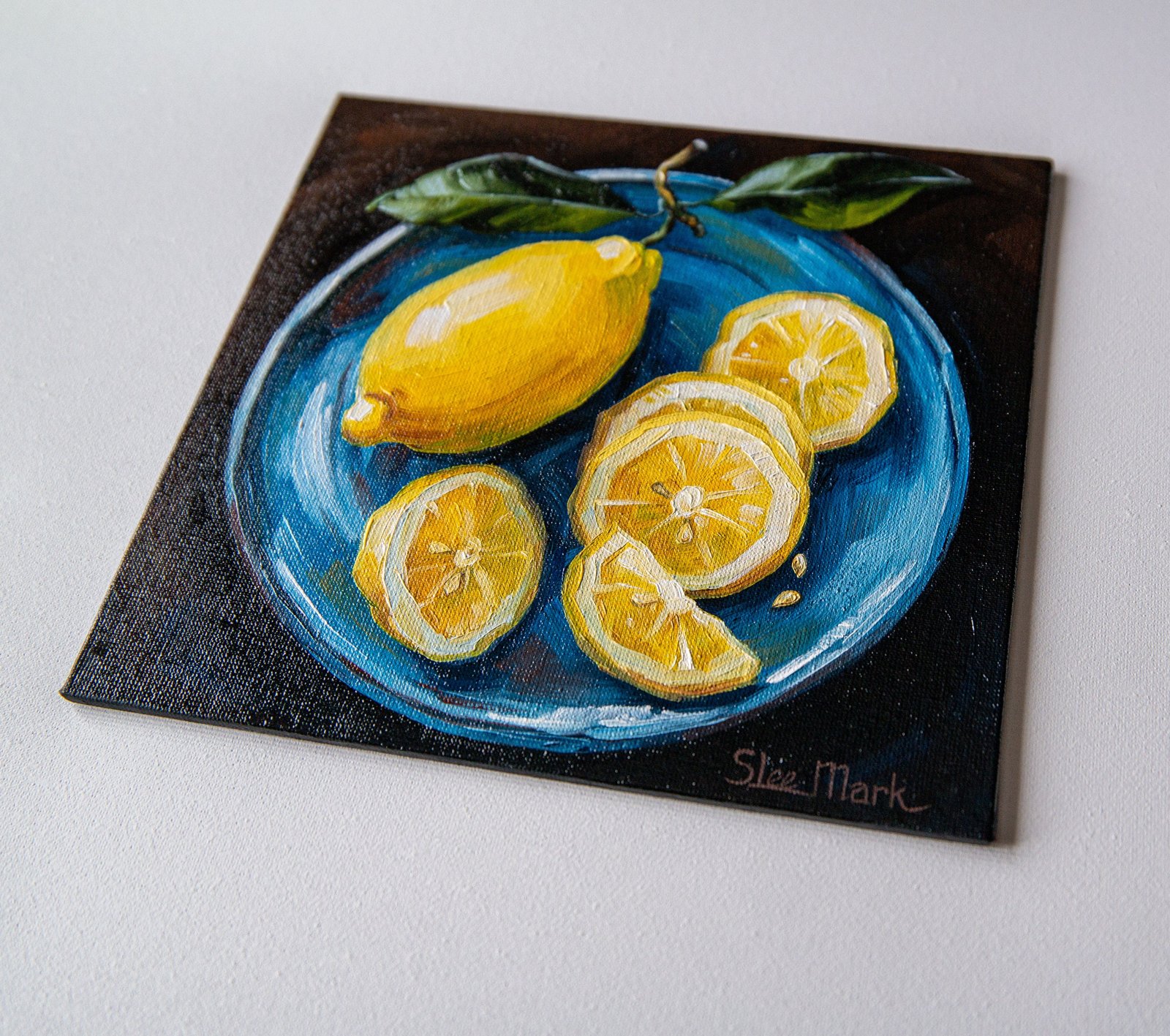 Yellow Lemon on a blue plate Original art 8x8" by S. Lee Mark - Stil life oil painting art Fruit still life Fruit painting Citrus Apples art