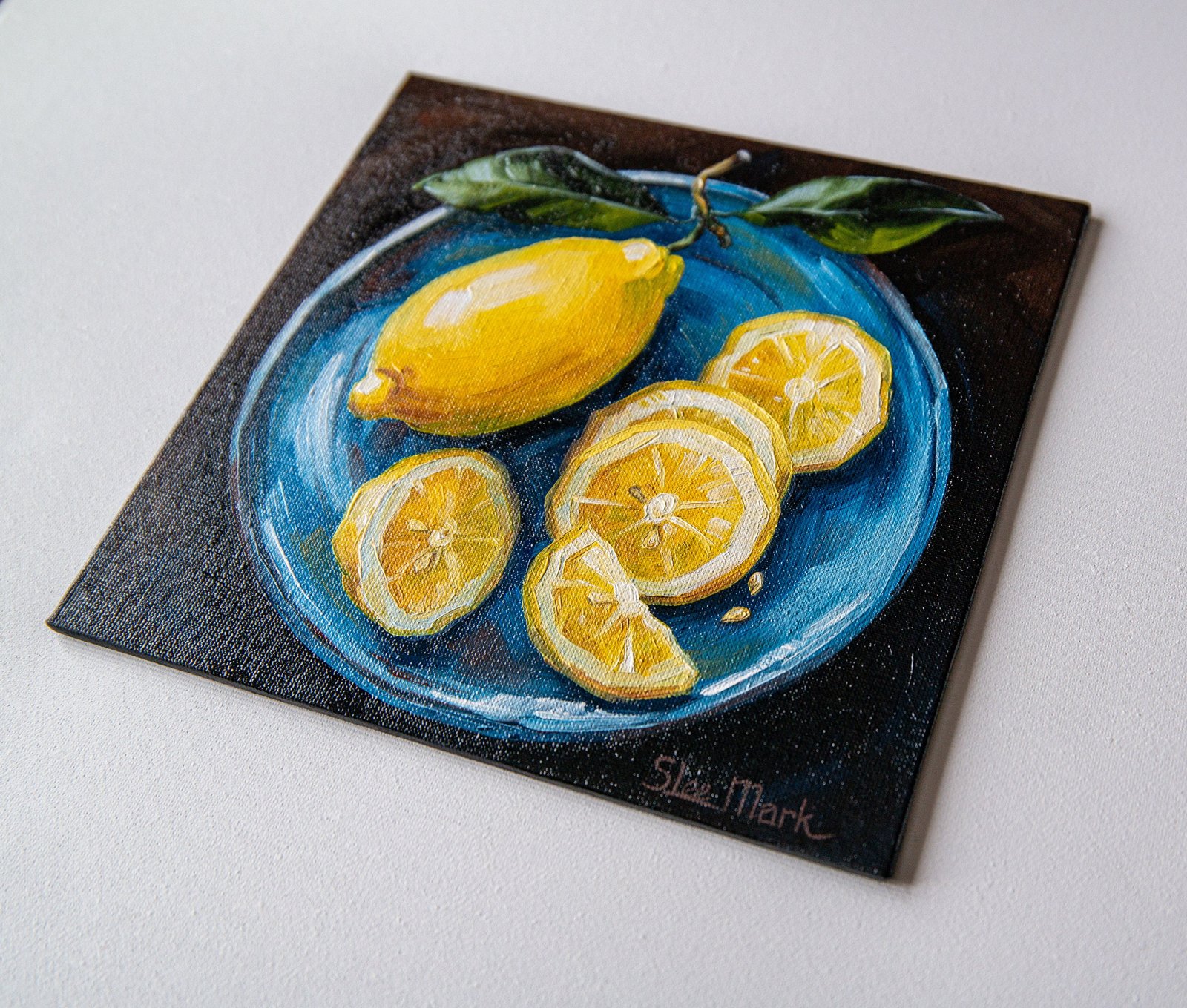 Yellow Lemon on a blue plate Original art 8x8" by S. Lee Mark - Stil life oil painting art Fruit still life Fruit painting Citrus Apples art