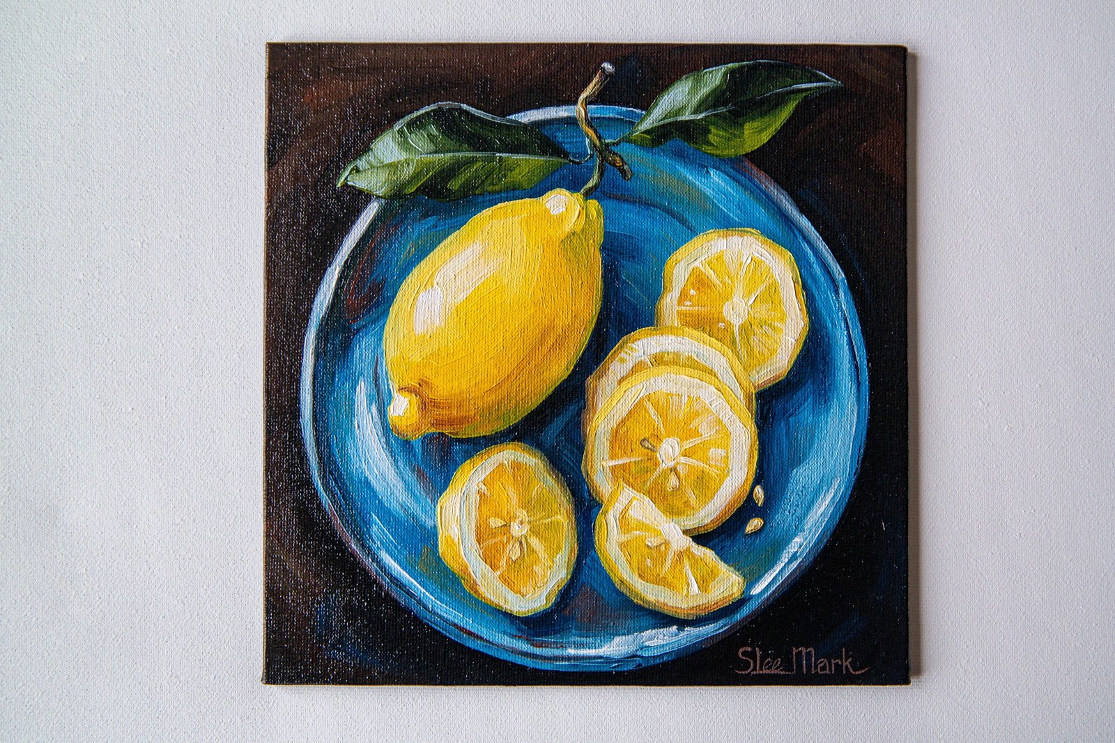 Yellow Lemon on a blue plate Original art 8x8" by S. Lee Mark - Stil life oil painting art Fruit still life Fruit painting Citrus Apples art