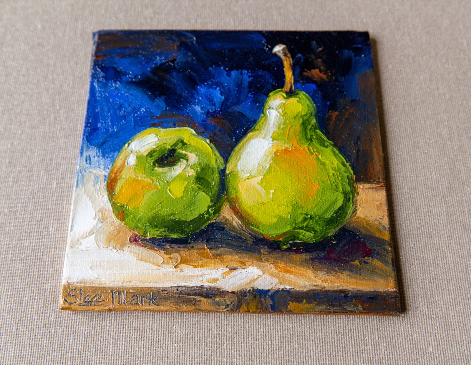 Green Pears Original art 6x6 by S. Lee Mark Stil life oil painting Fruit art still life Fruit painting Pears art Home Décor Wall Hangings
