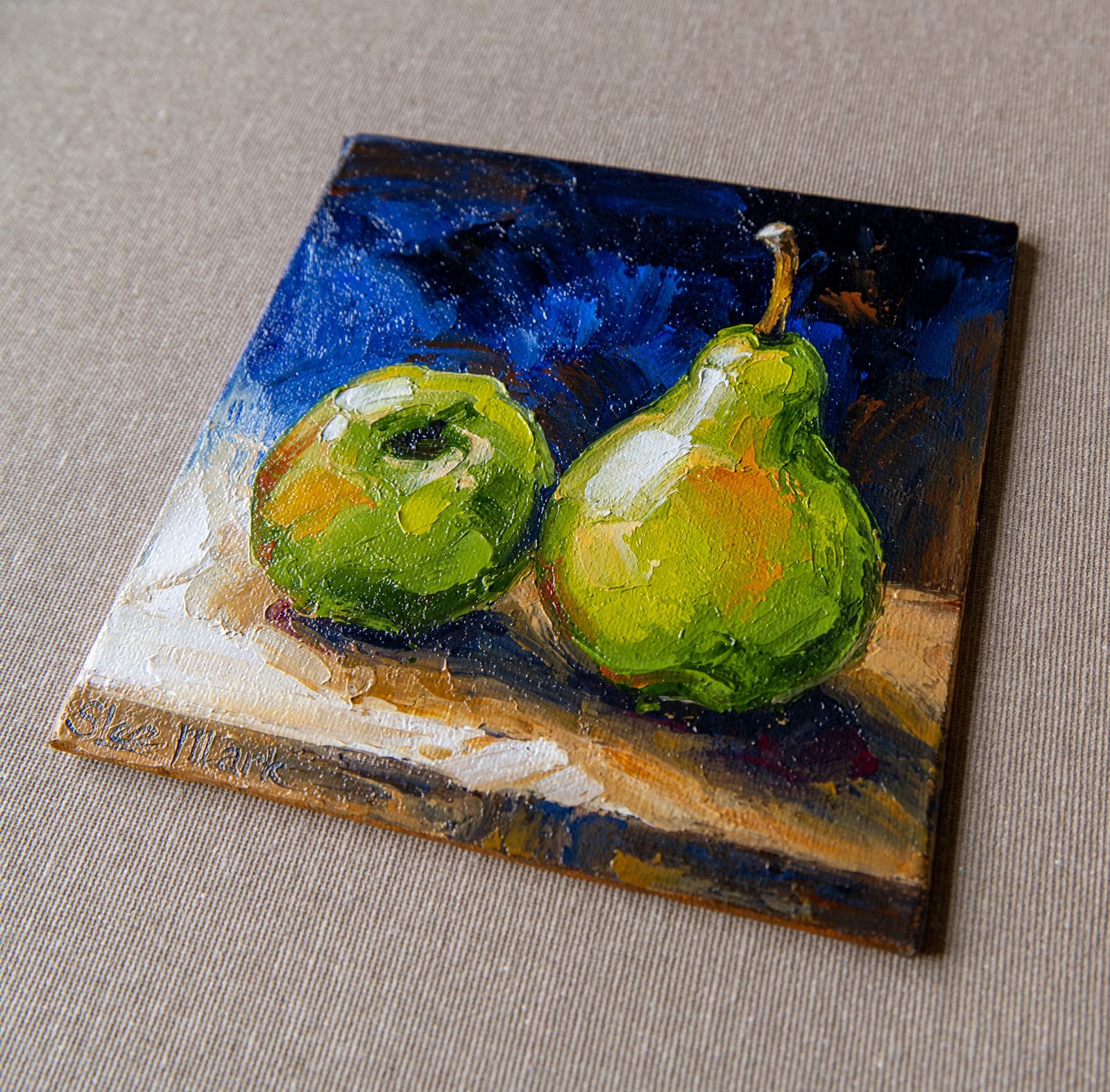 Green Pears Original art 6x6 by S. Lee Mark Stil life oil painting Fruit art still life Fruit painting Pears art Home Décor Wall Hangings