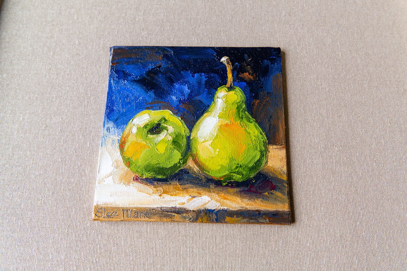 Green Pears Original art 6x6 by S. Lee Mark Stil life oil painting Fruit art still life Fruit painting Pears art Home Décor Wall Hangings