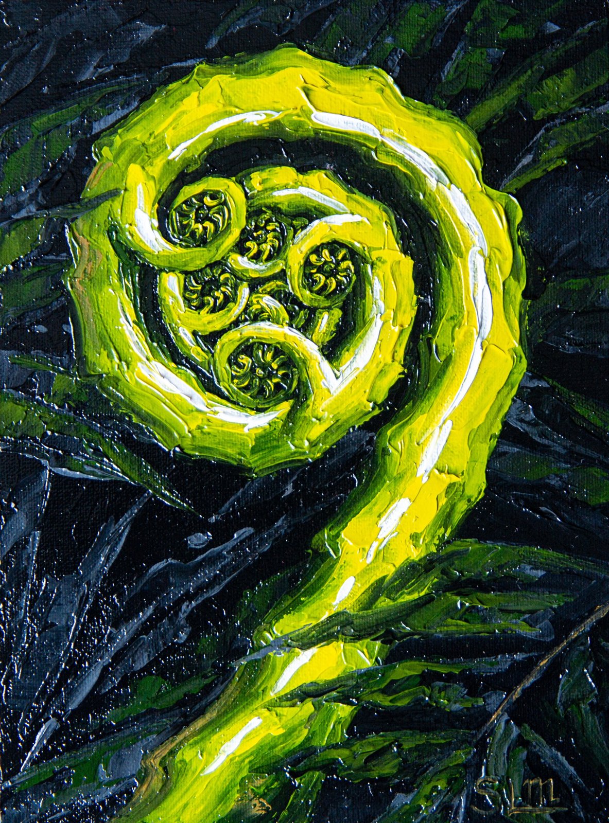 Fern spiral silver Koru loop Original art 8x6" by S. Lee Mark - Stil life oil painting Fern silver Koru art Fruit still life Fruit painting