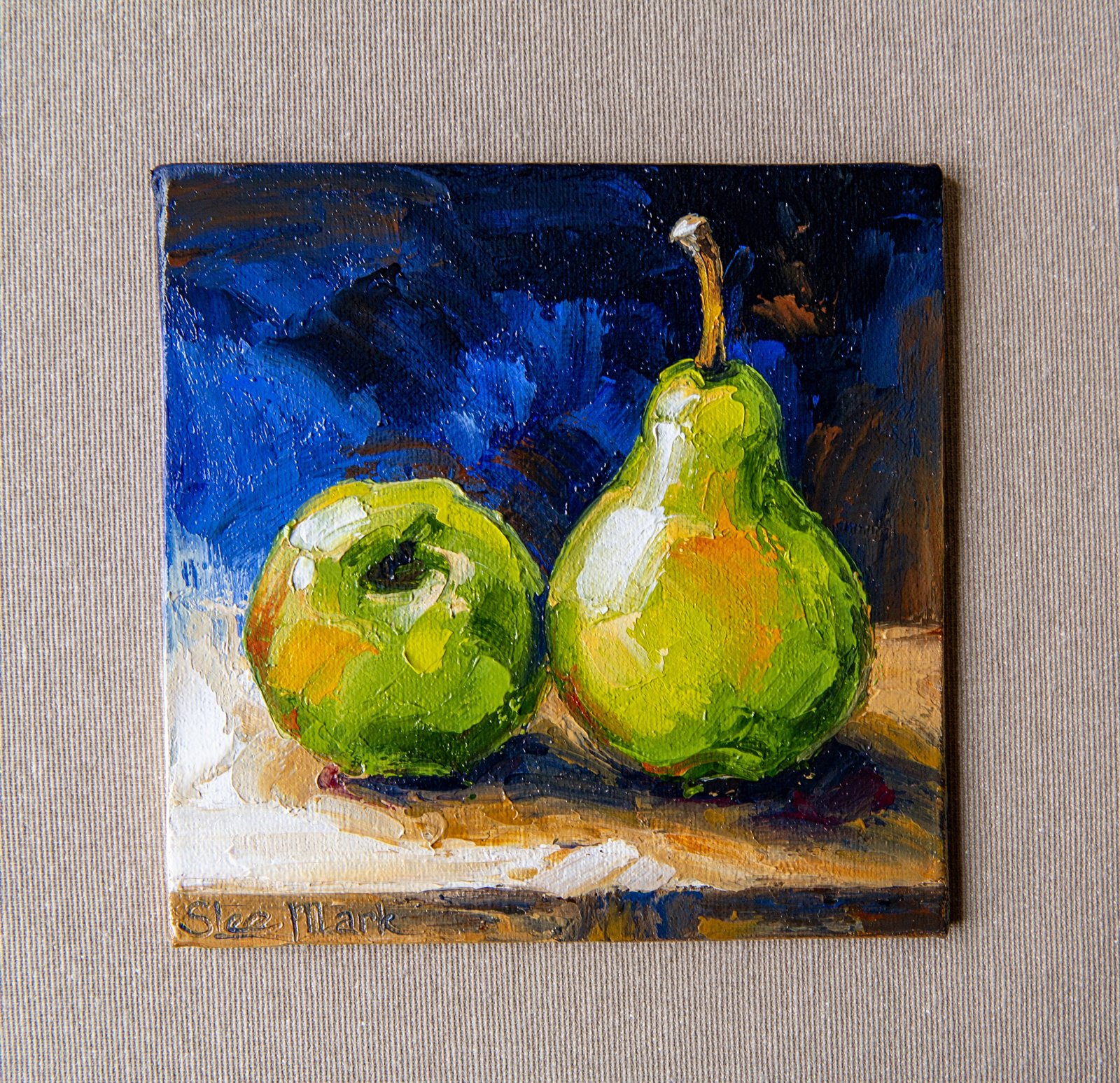 Green Pears Original art 6x6 by S. Lee Mark Stil life oil painting Fruit art still life Fruit painting Pears art Home Décor Wall Hangings