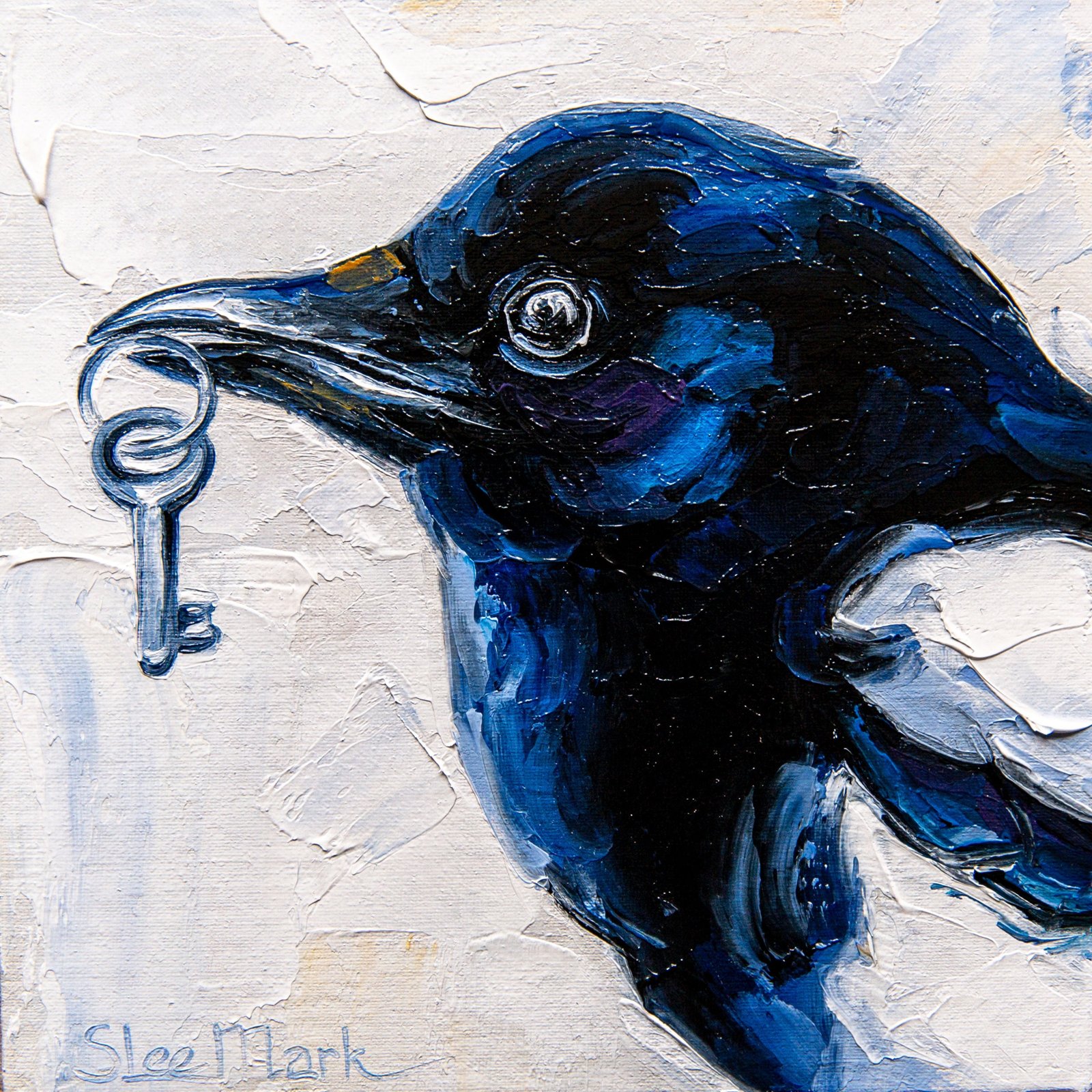 Magpie bird with key Original art 6" by S. Lee Mark Bird oil painting Pet portrait Animal art Home & Living Home Wall Décor Paintings