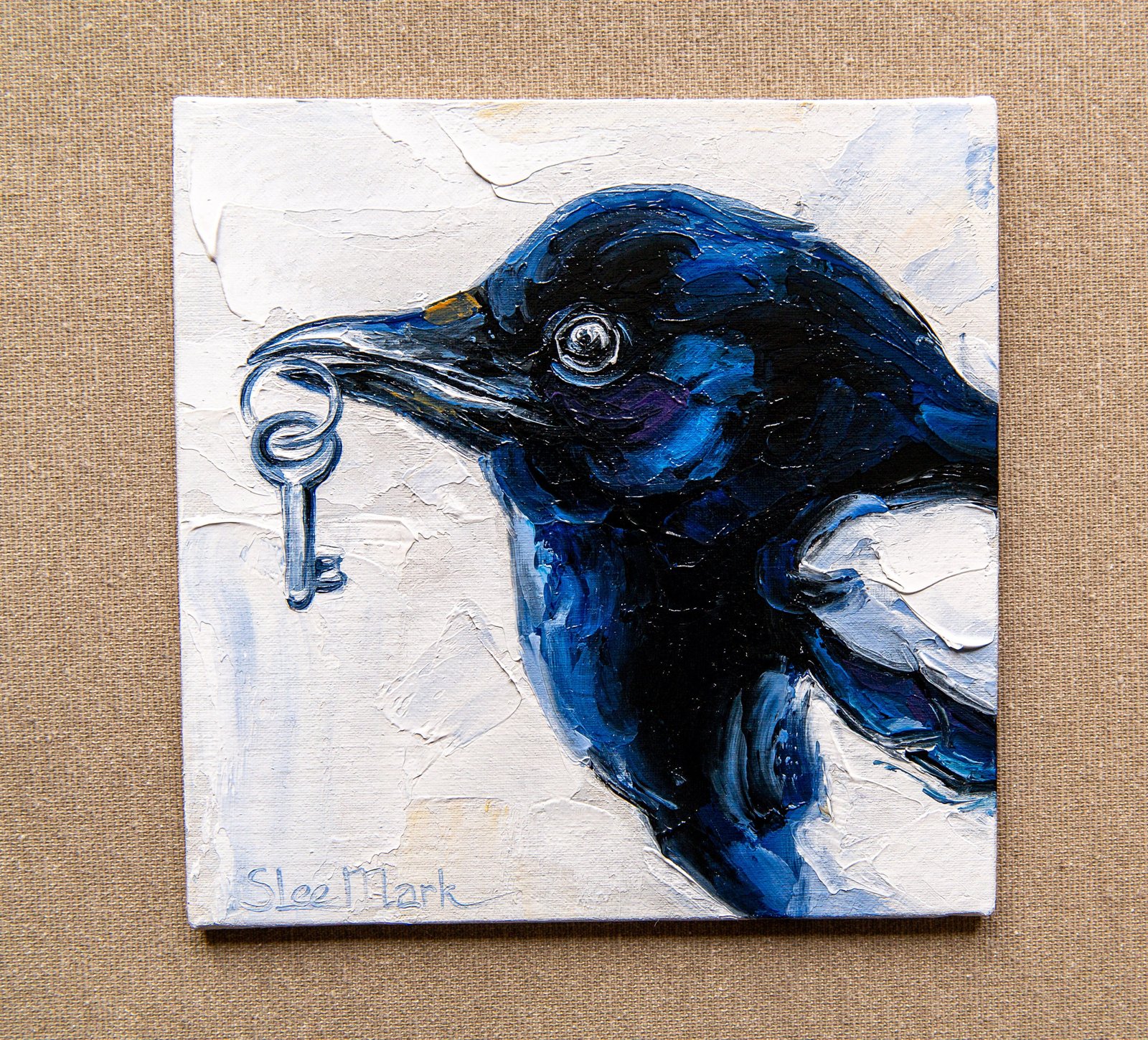 Magpie bird with key Original art 6" by S. Lee Mark Bird oil painting Pet portrait Animal art Home & Living Home Wall Décor Paintings