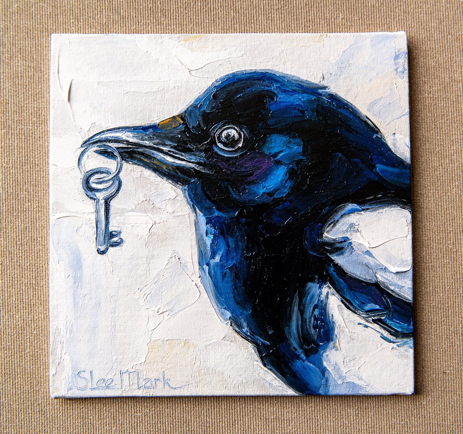 Magpie bird with key Original art 6" by S. Lee Mark Bird oil painting Pet portrait Animal art Home & Living Home Wall Décor Paintings