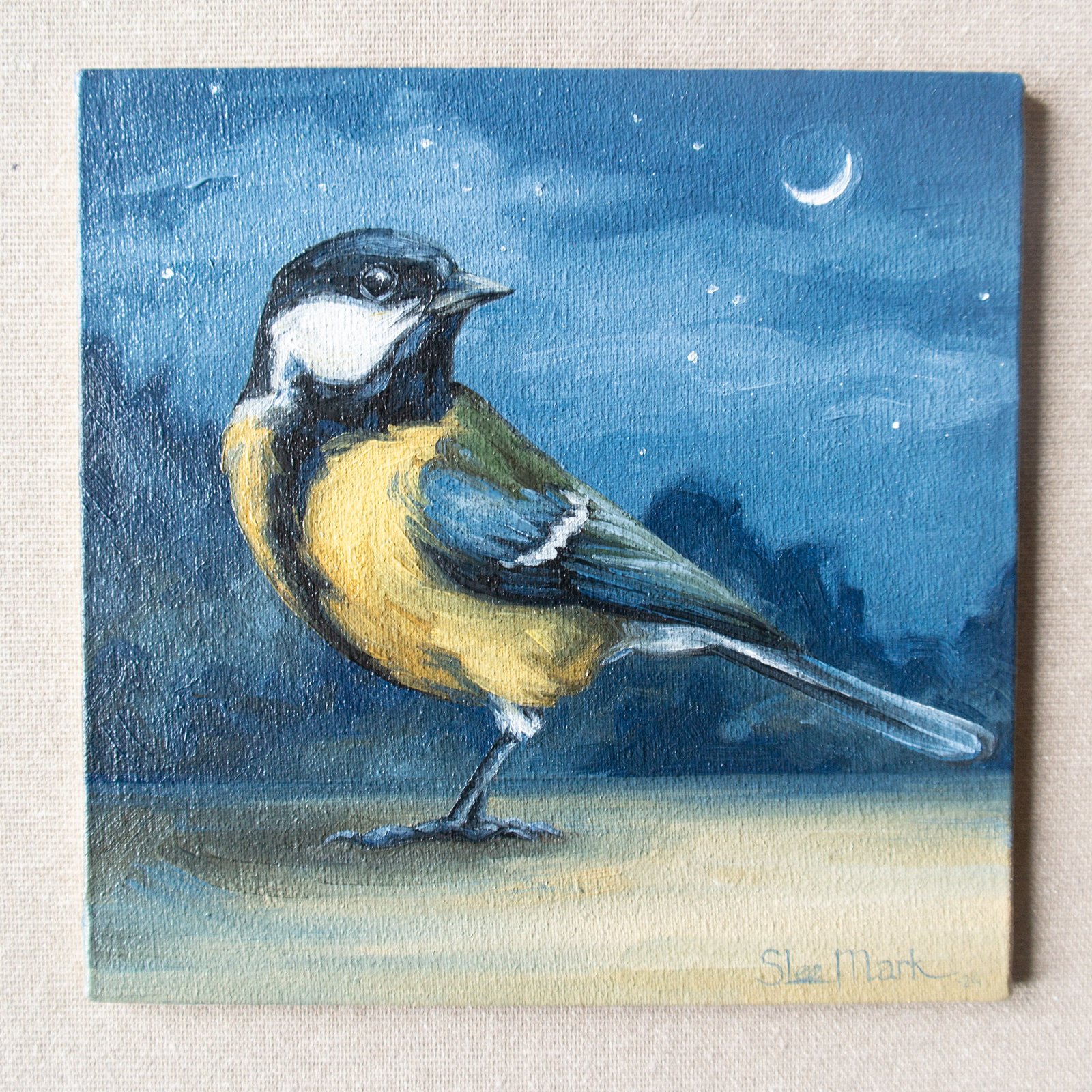 Tit Small little Bird Original art 6" by S. Lee Mark oil painting Pet portrait Animal art Home & Living Home Wall Décor Paintings