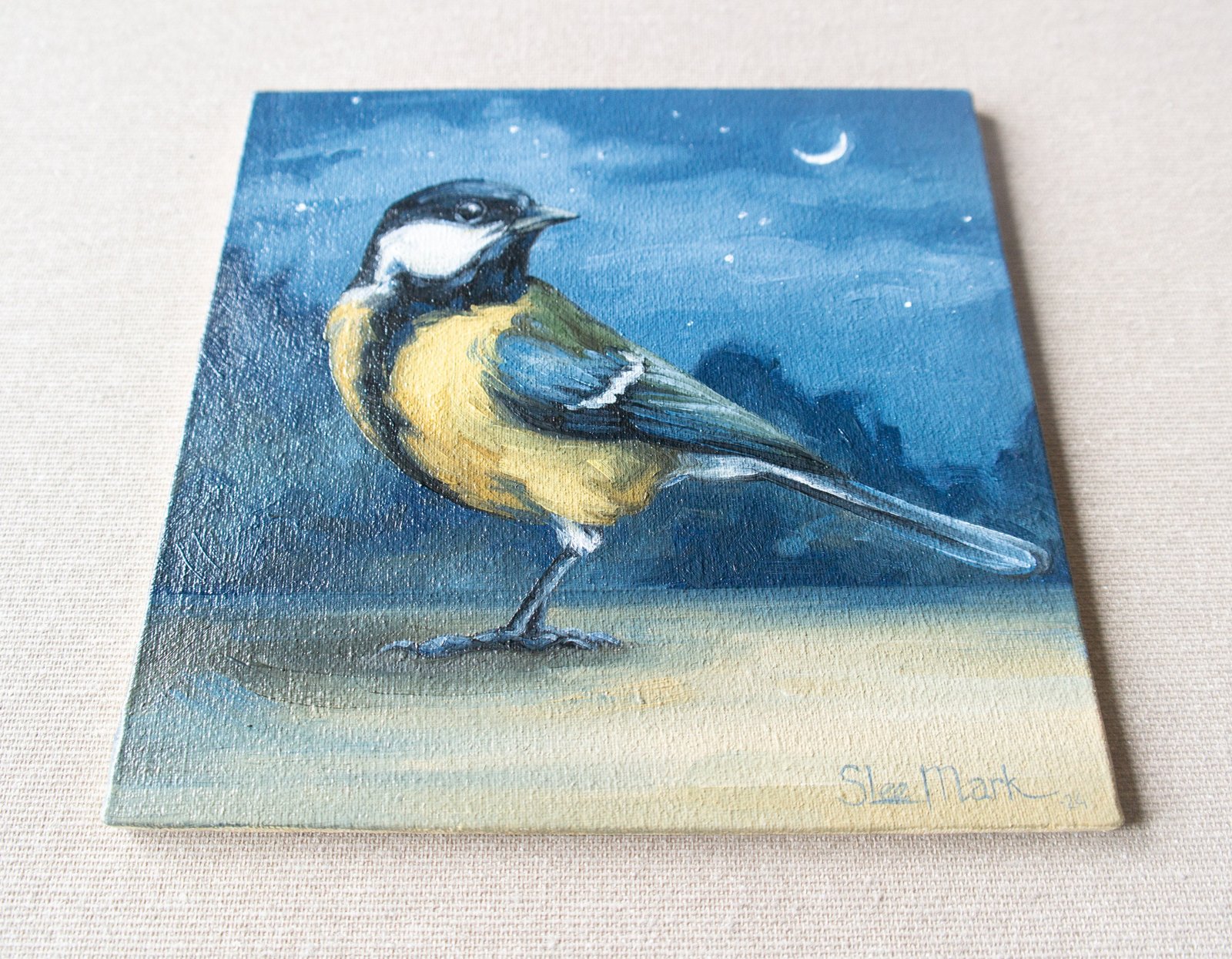 Tit Small little Bird Original art 6" by S. Lee Mark oil painting Pet portrait Animal art Home & Living Home Wall Décor Paintings