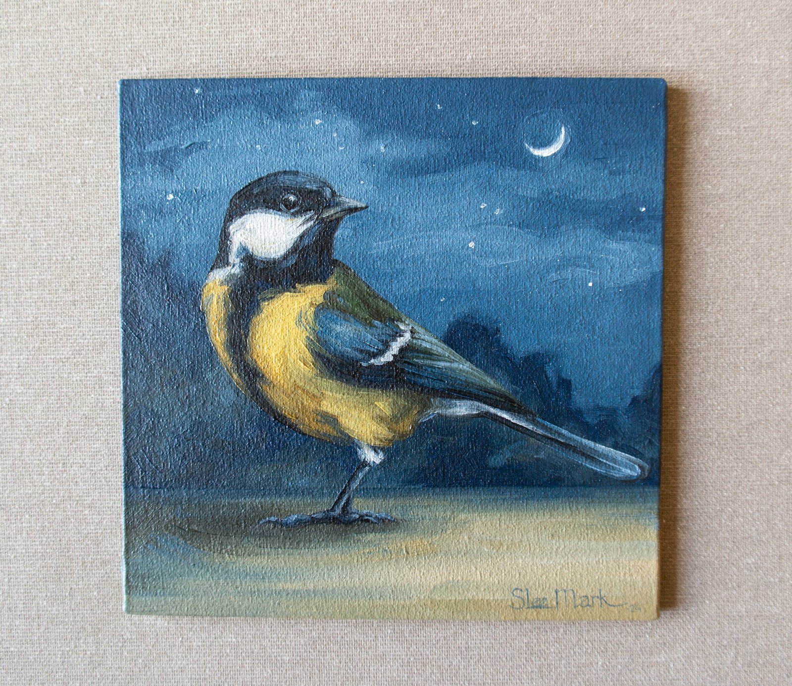 Tit Small little Bird Original art 6" by S. Lee Mark oil painting Pet portrait Animal art Home & Living Home Wall Décor Paintings