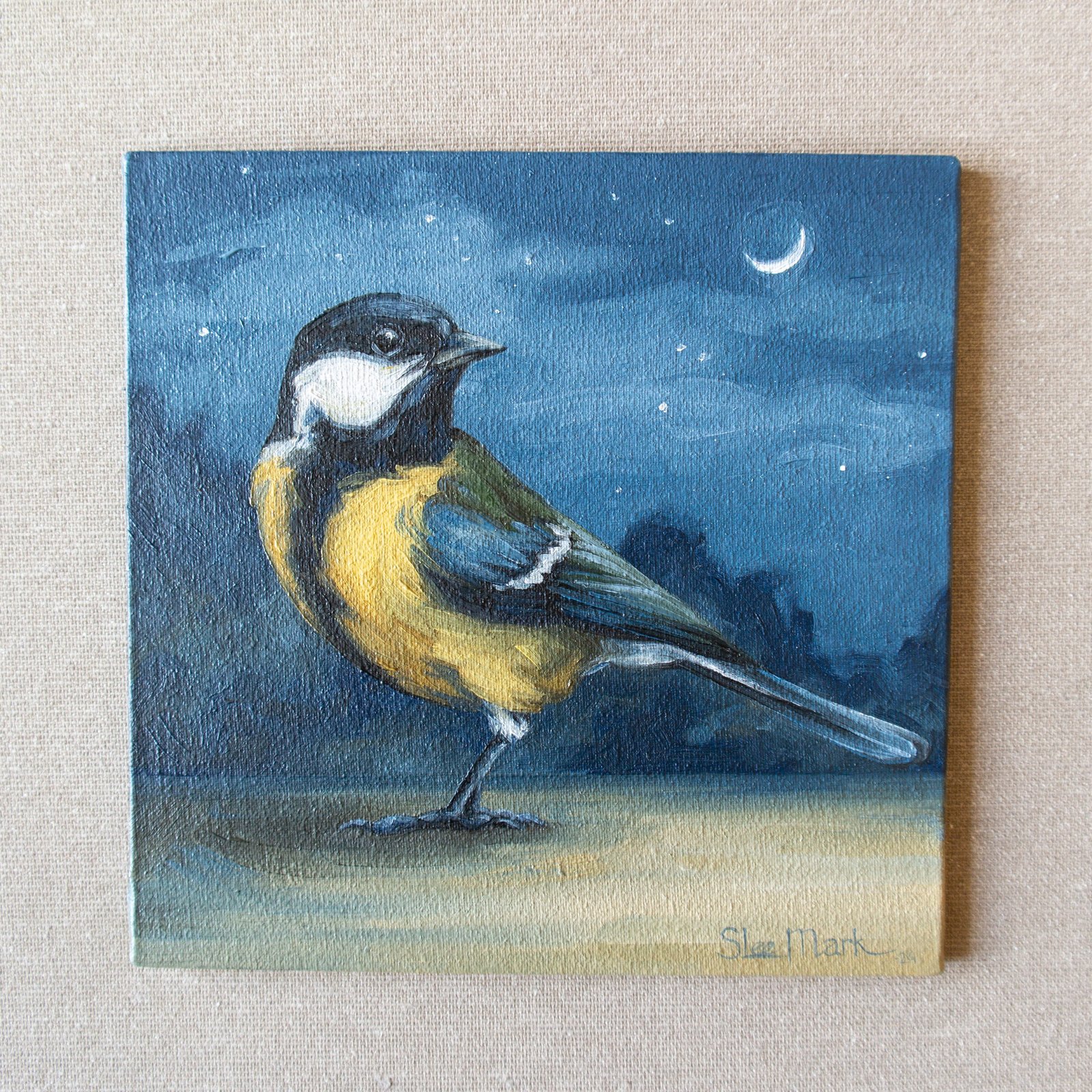 Tit Small little Bird Original art 6" by S. Lee Mark oil painting Pet portrait Animal art Home & Living Home Wall Décor Paintings