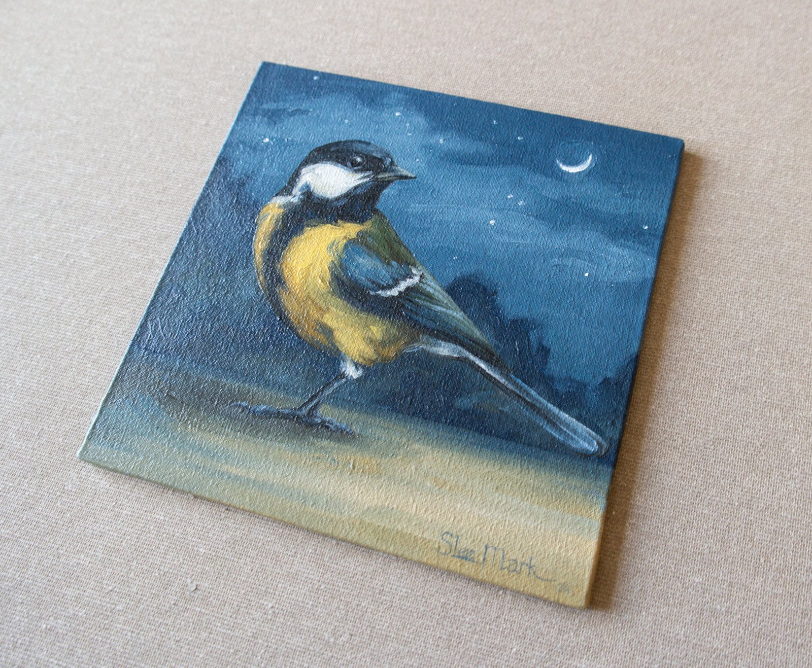 Tit Small little Bird Original art 6" by S. Lee Mark oil painting Pet portrait Animal art Home & Living Home Wall Décor Paintings