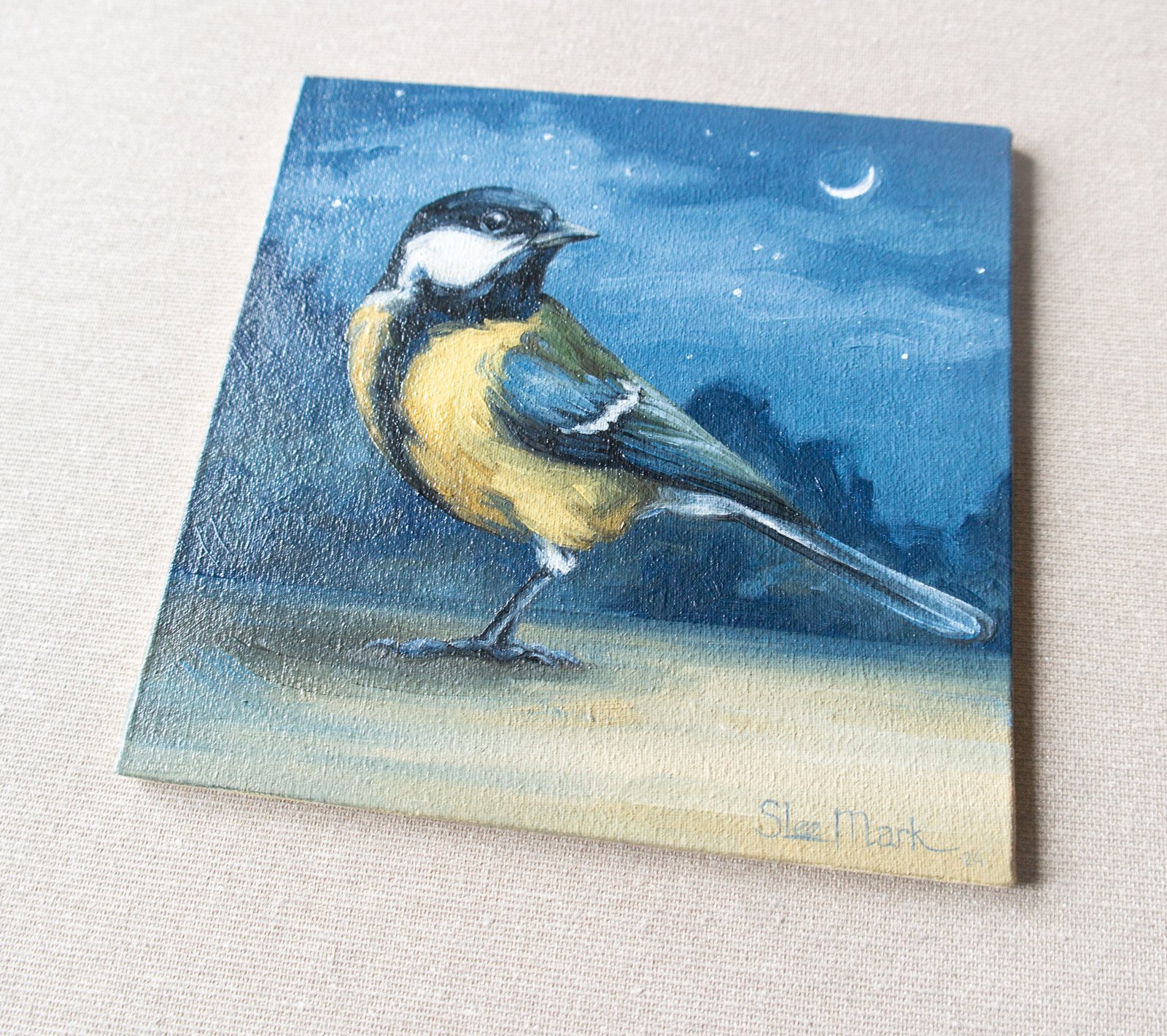 Tit Small little Bird Original art 6" by S. Lee Mark oil painting Pet portrait Animal art Home & Living Home Wall Décor Paintings