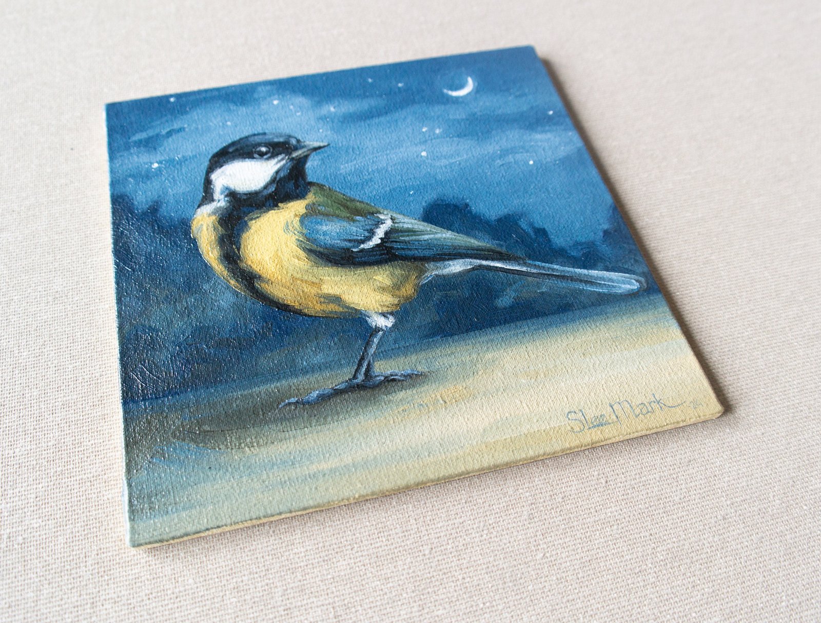 Tit Small little Bird Original art 6" by S. Lee Mark oil painting Pet portrait Animal art Home & Living Home Wall Décor Paintings