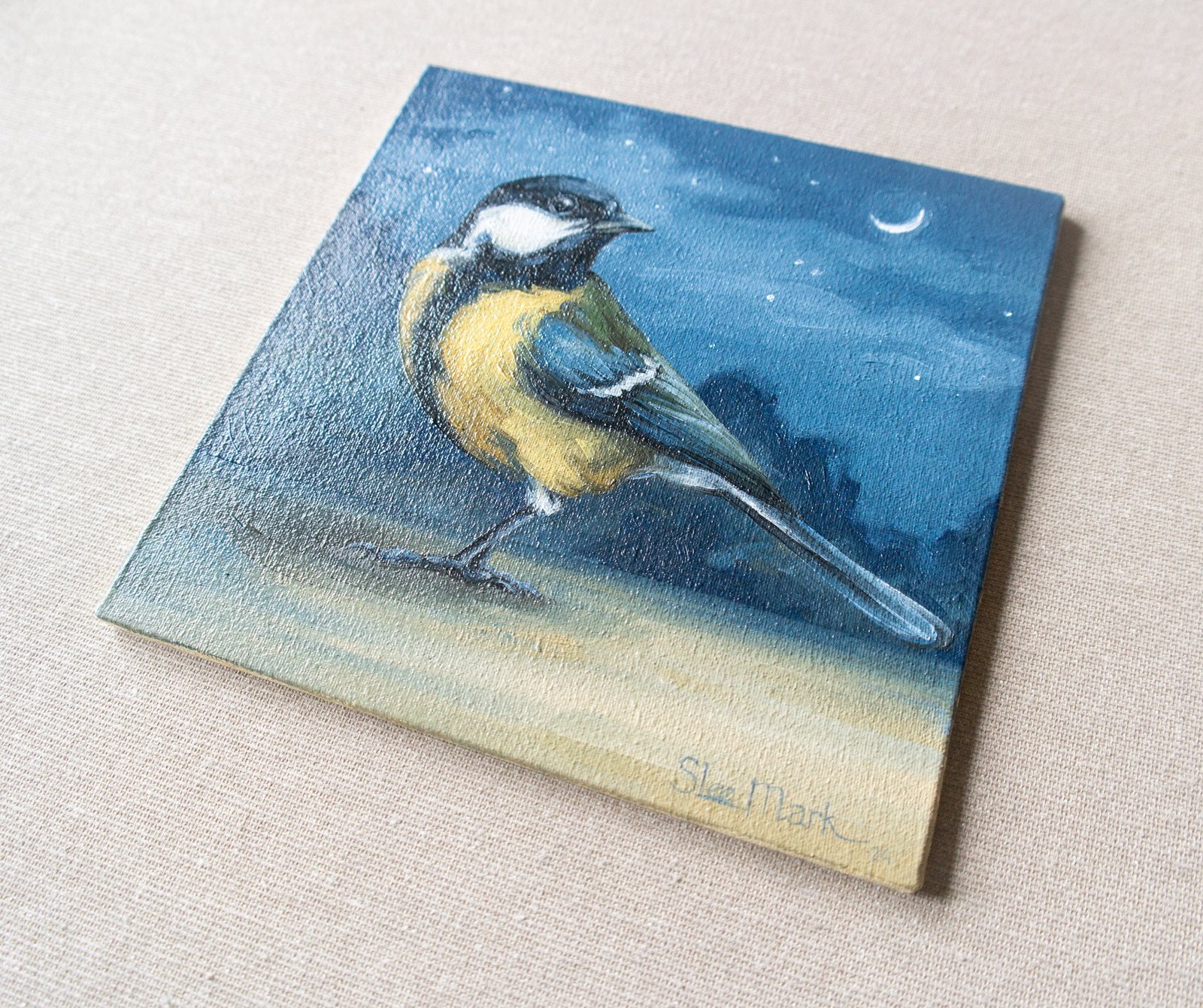 Tit Small little Bird Original art 6" by S. Lee Mark oil painting Pet portrait Animal art Home & Living Home Wall Décor Paintings