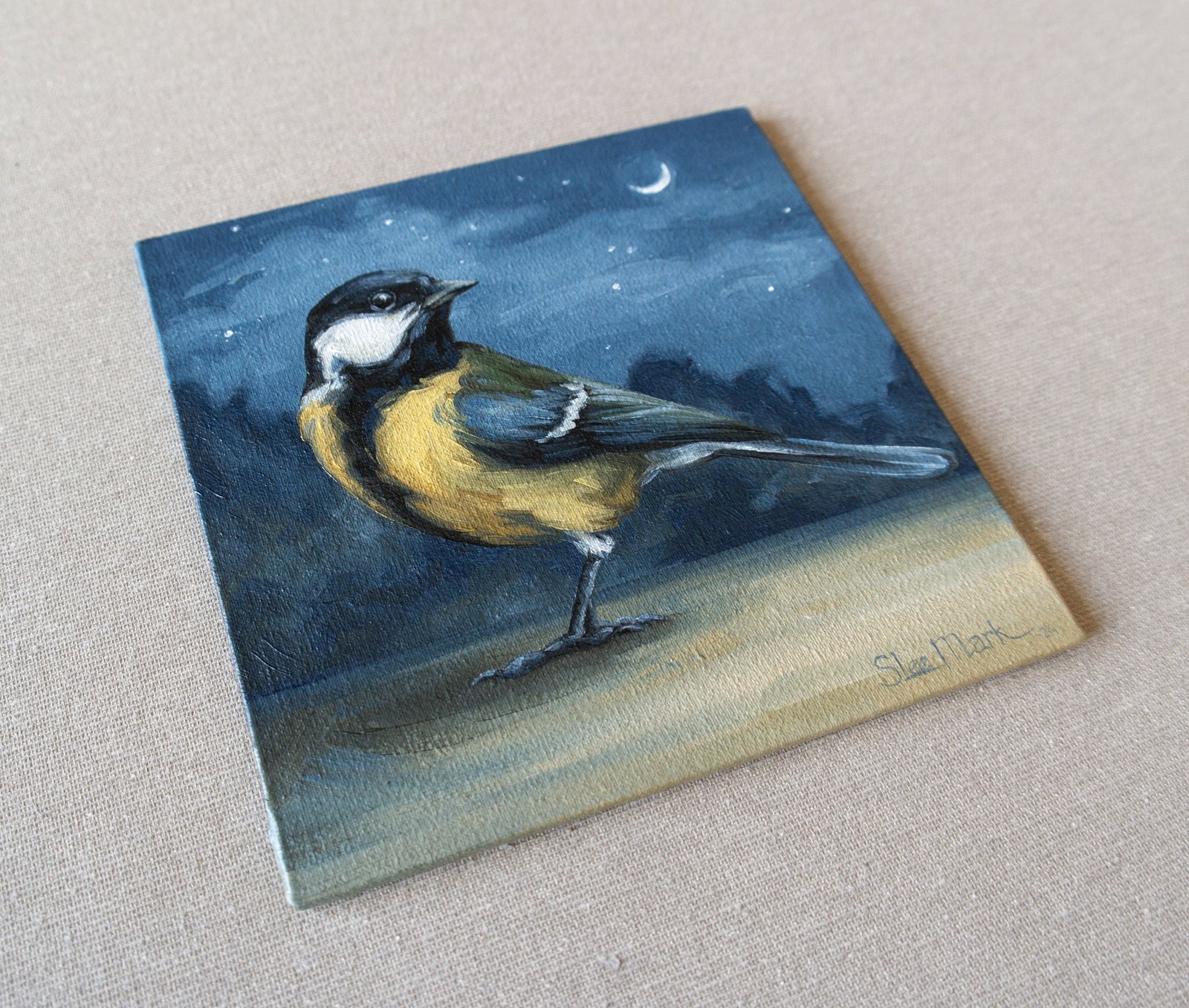 Tit Small little Bird Original art 6" by S. Lee Mark oil painting Pet portrait Animal art Home & Living Home Wall Décor Paintings