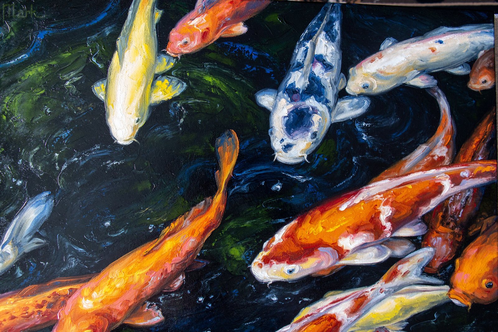 Koi Goldfish 24" S.Lee Mark Original oil painting Pet portrait Animal painting Animal art Fish Original art Home Living Home Decor Wall