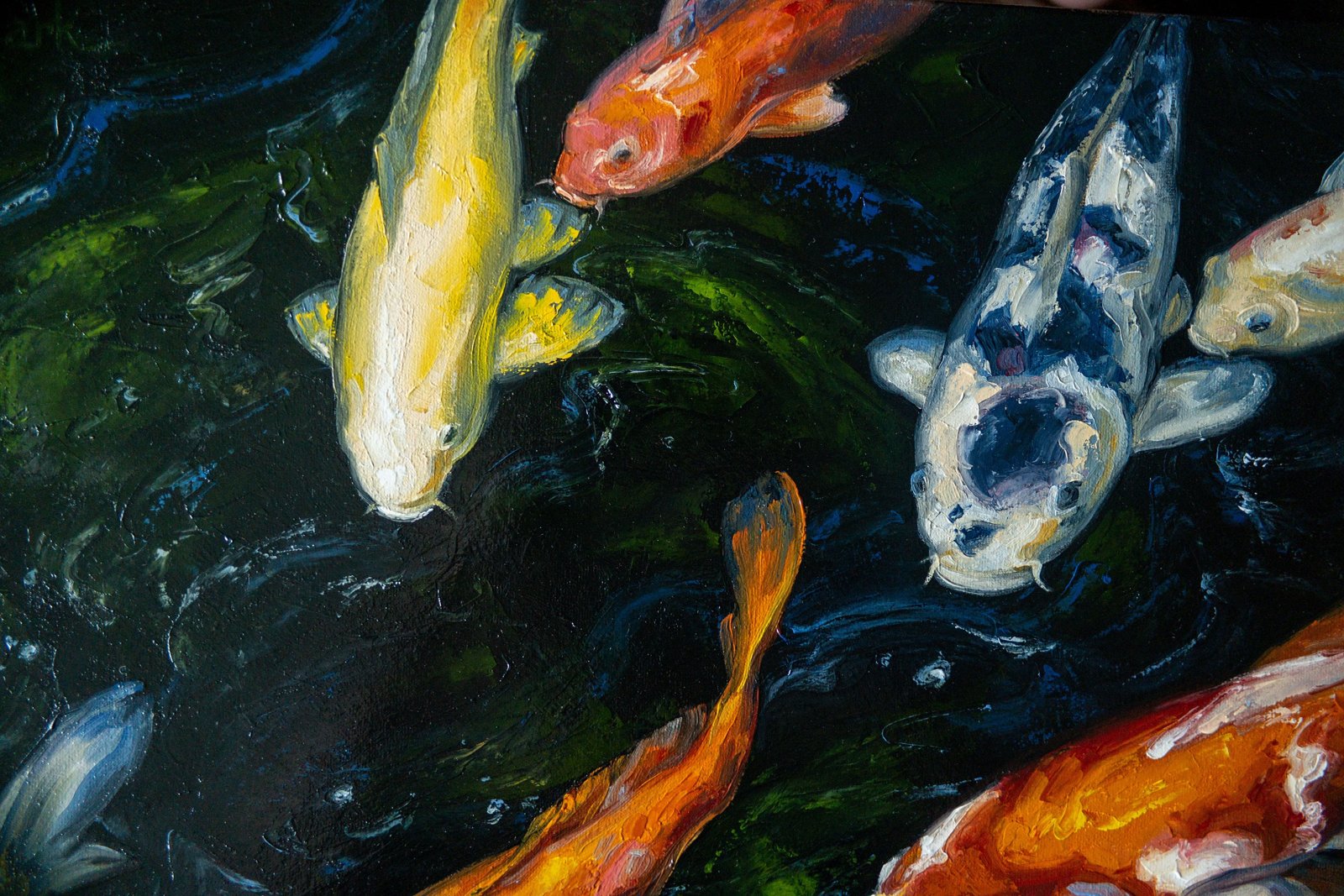 Koi Goldfish 24" S.Lee Mark Original oil painting Pet portrait Animal painting Animal art Fish Original art Home Living Home Decor Wall