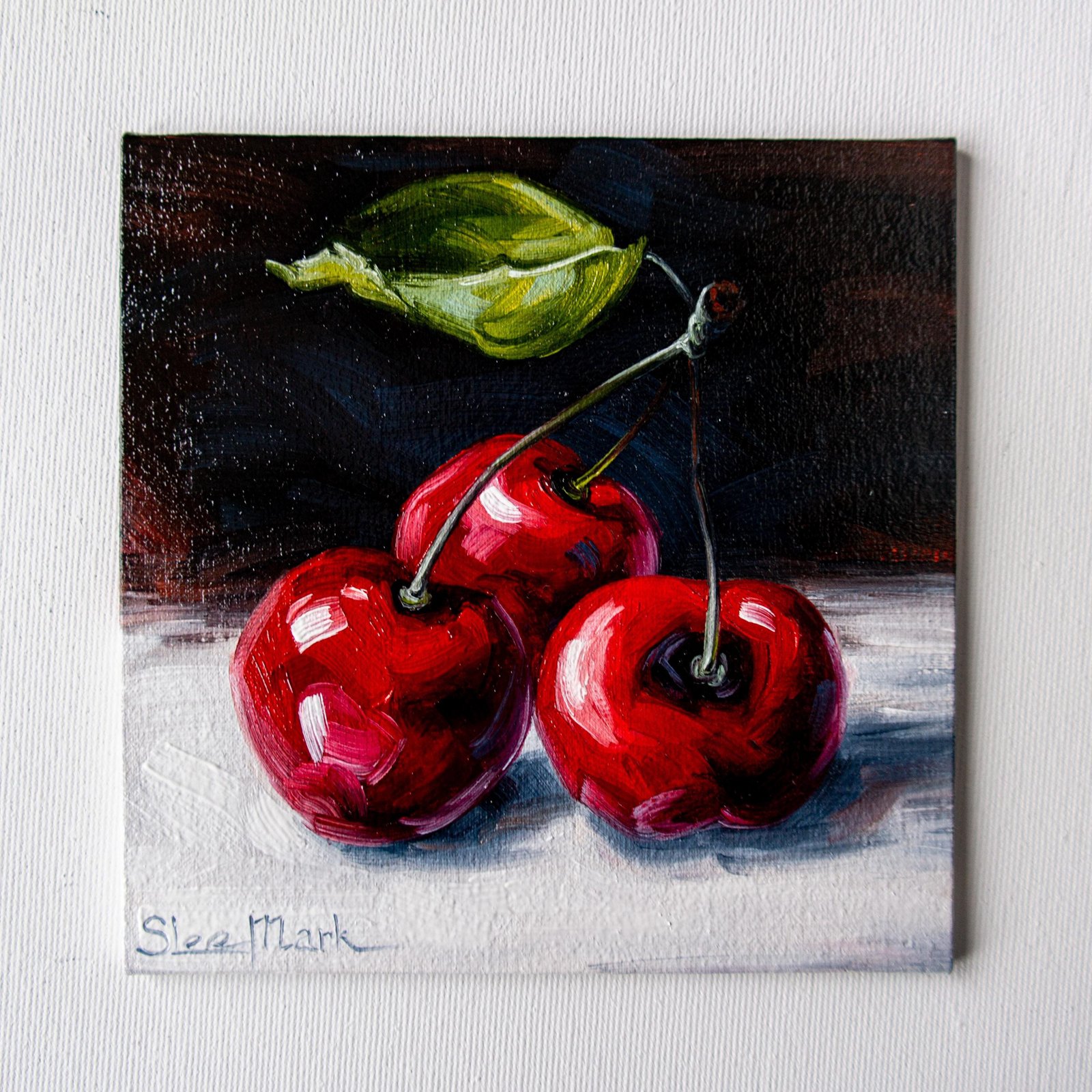 Cherries Original art 6x6 by S. Lee Mark - Stil life oil painting Fruit art still life Cherry art Home & Living Home Wall Décor Paintings