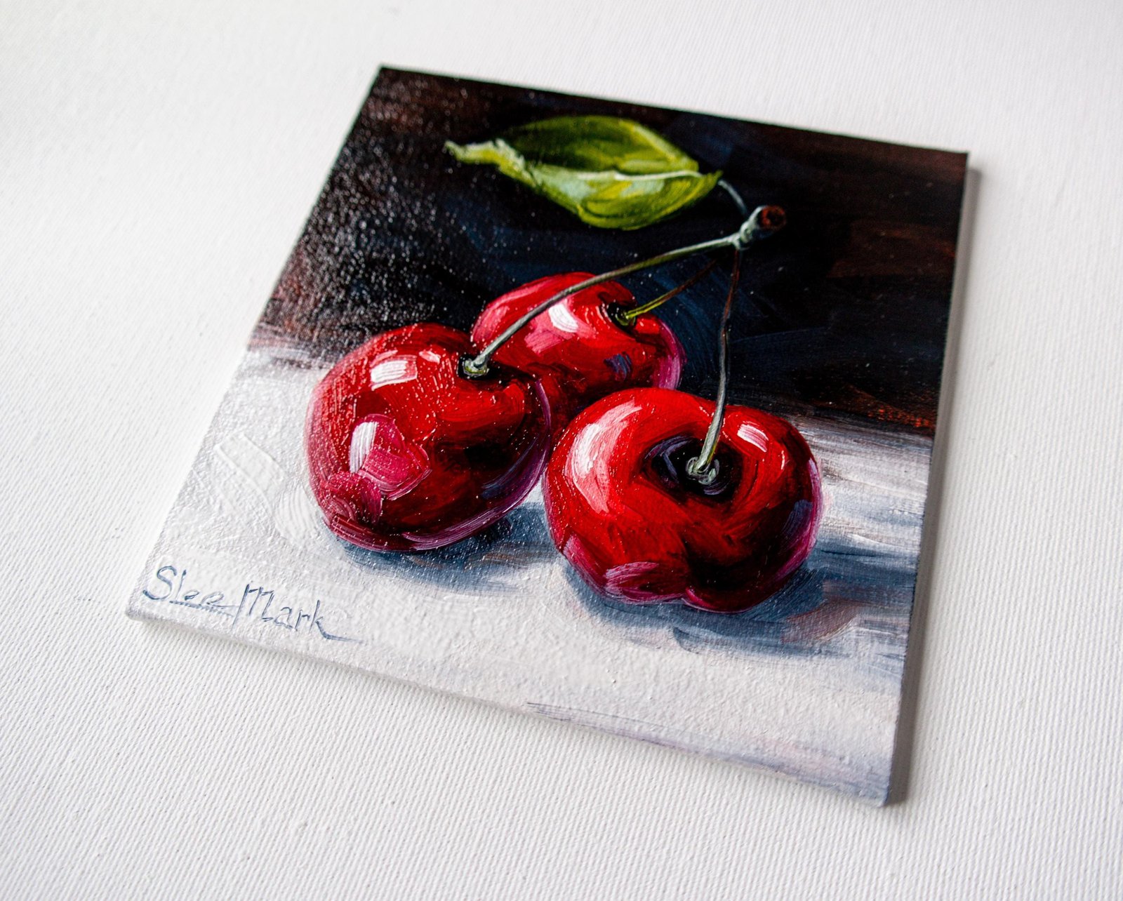 Cherries Original art 6x6 by S. Lee Mark - Stil life oil painting Fruit art still life Cherry art Home & Living Home Wall Décor Paintings