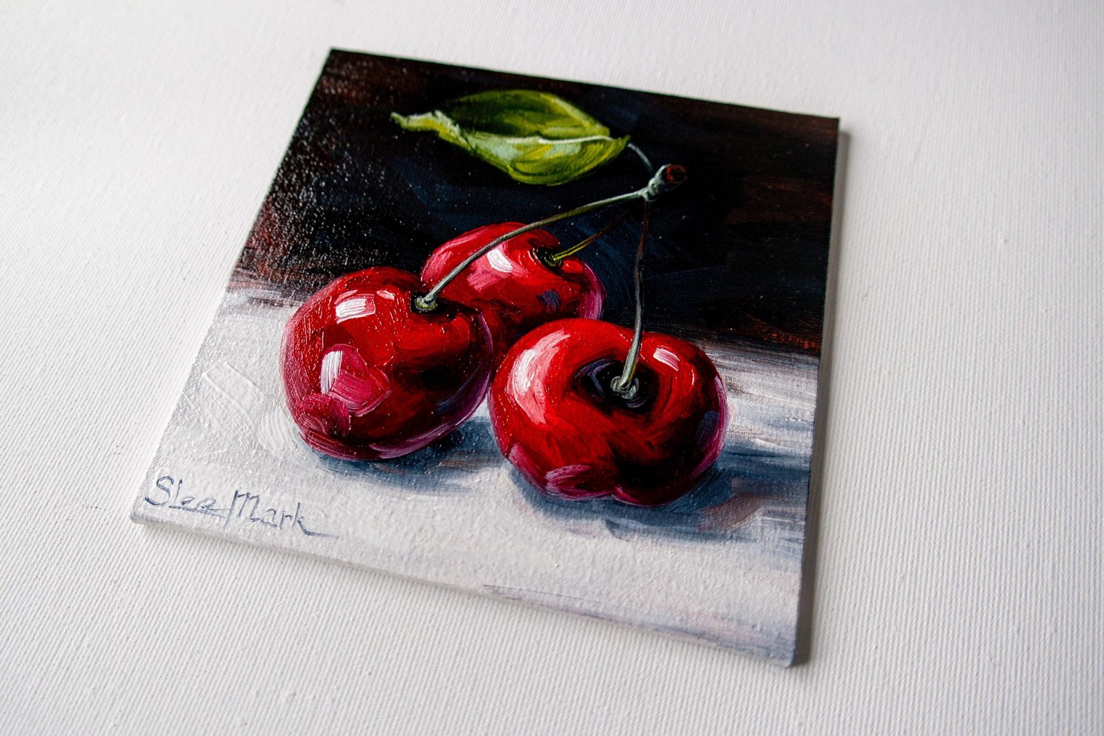 Cherries Original art 6x6 by S. Lee Mark - Stil life oil painting Fruit art still life Cherry art Home & Living Home Wall Décor Paintings