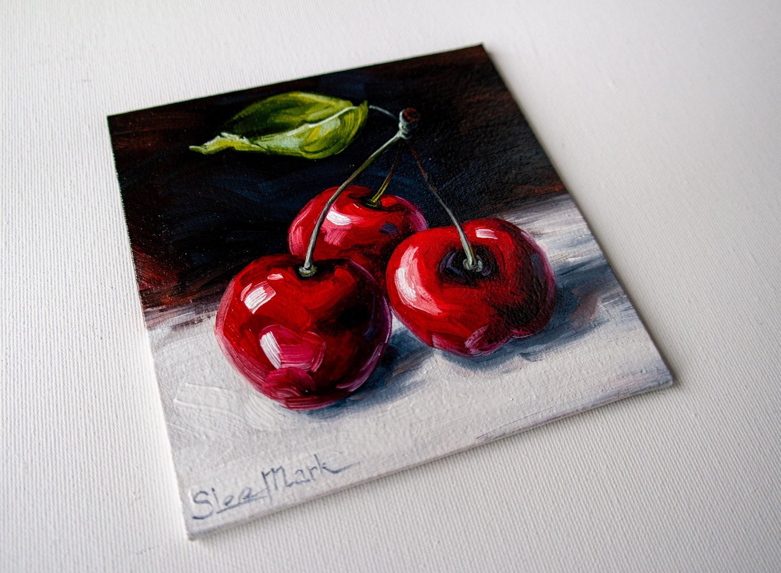 Cherries Original art 6x6 by S. Lee Mark - Stil life oil painting Fruit art still life Cherry art Home & Living Home Wall Décor Paintings
