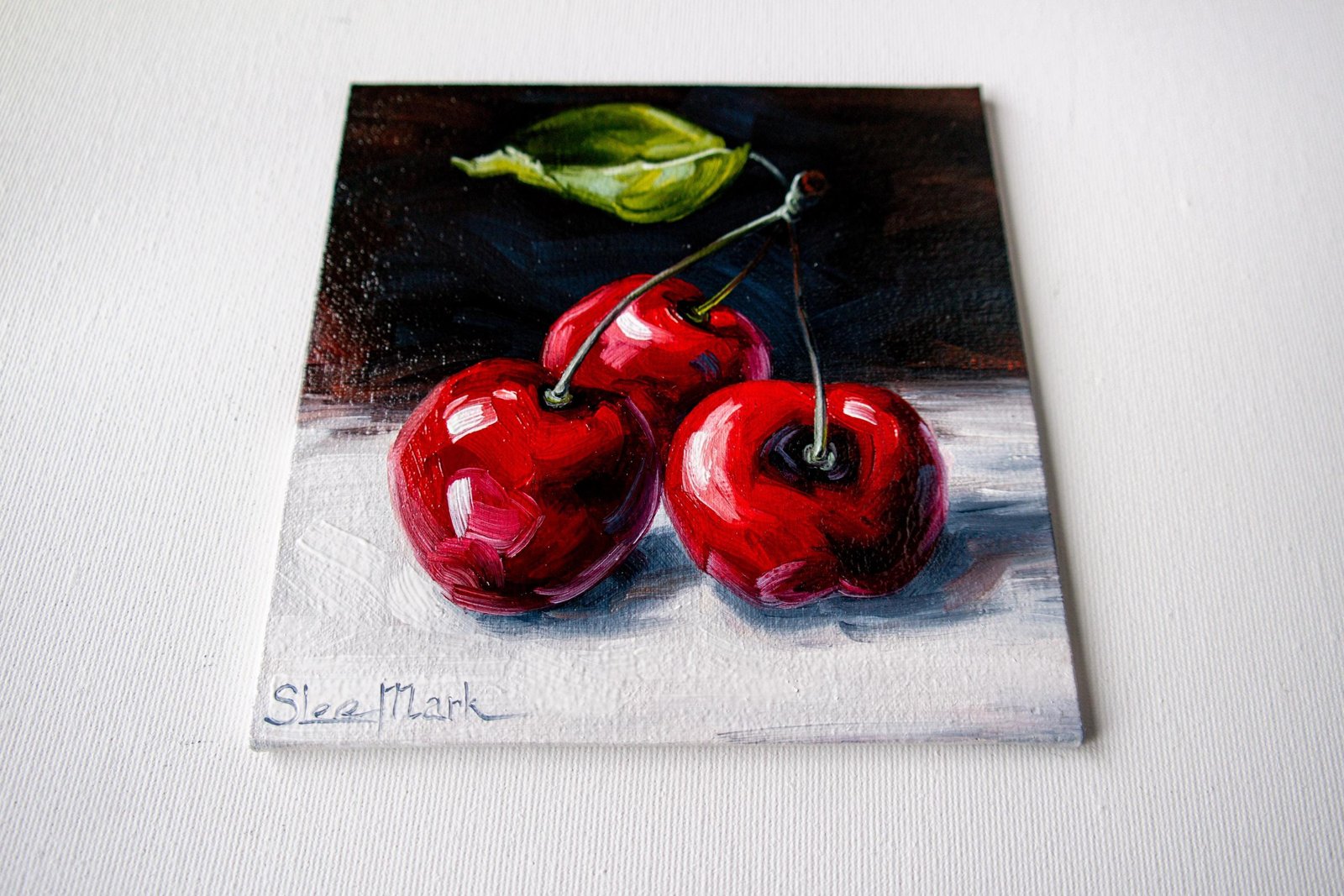 Cherries Original art 6x6 by S. Lee Mark - Stil life oil painting Fruit art still life Cherry art Home & Living Home Wall Décor Paintings