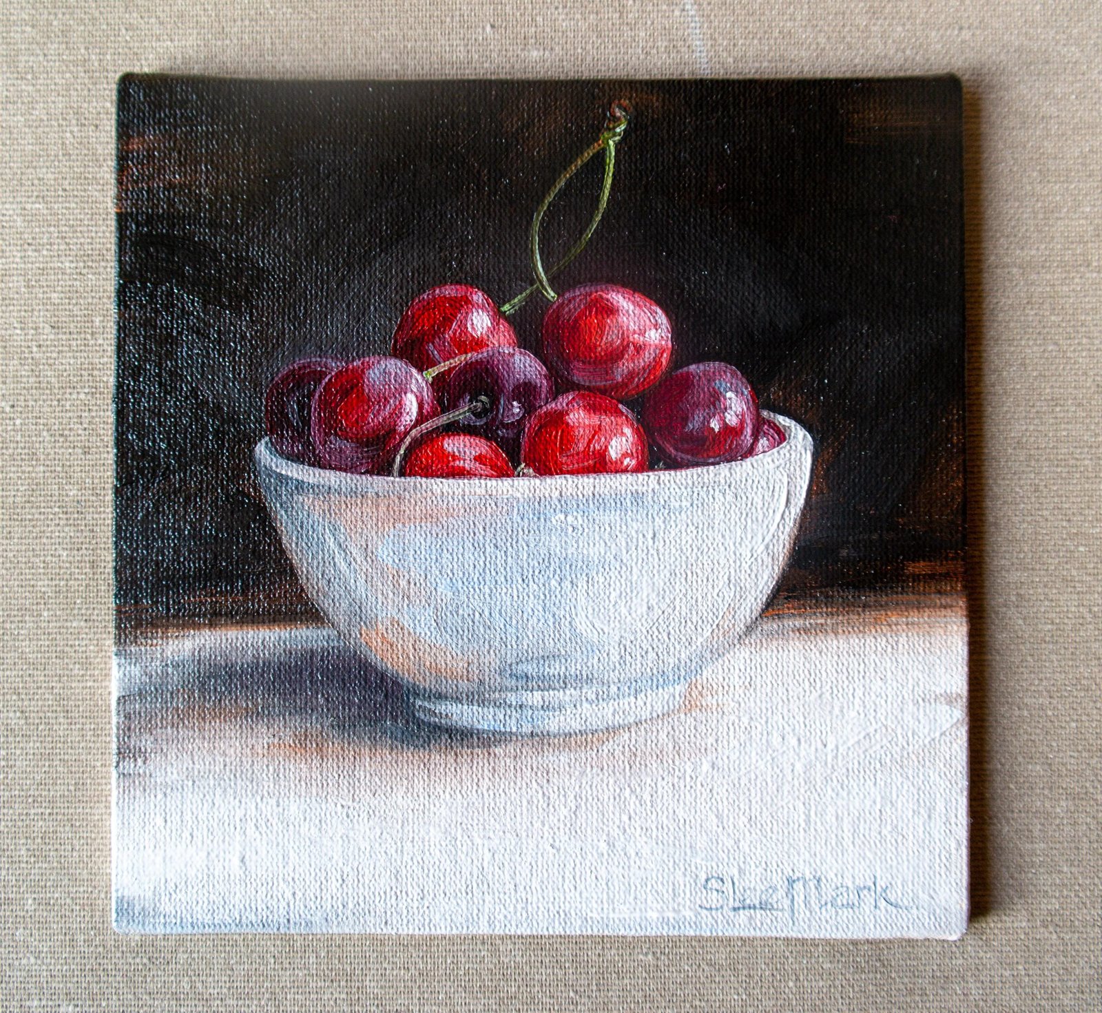 Plate cherries Original art 6x6 by S. Lee Mark Stil life oil painting Fruit art still life Cherry art Home Living Home Wall Décor Paintings
