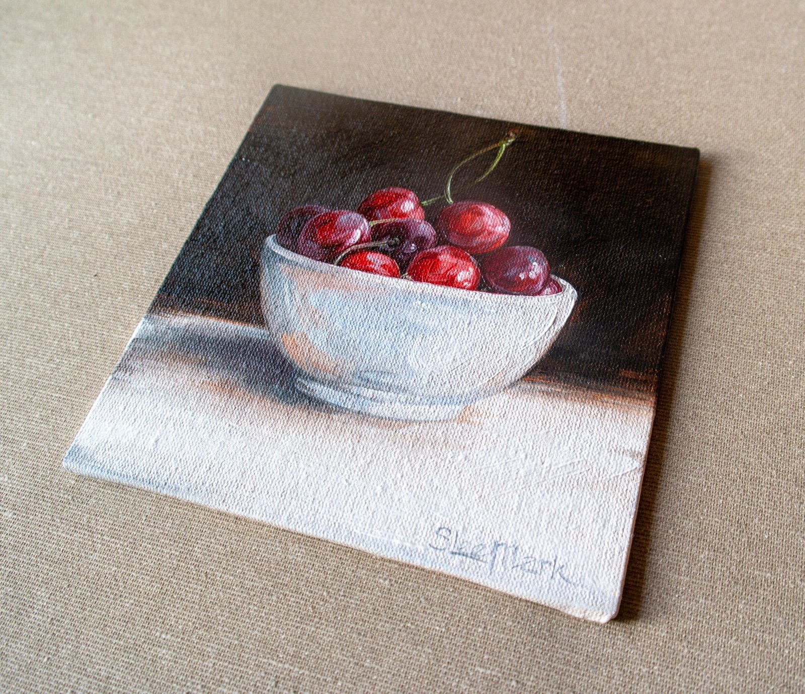 Plate cherries Original art 6x6 by S. Lee Mark Stil life oil painting Fruit art still life Cherry art Home Living Home Wall Décor Paintings