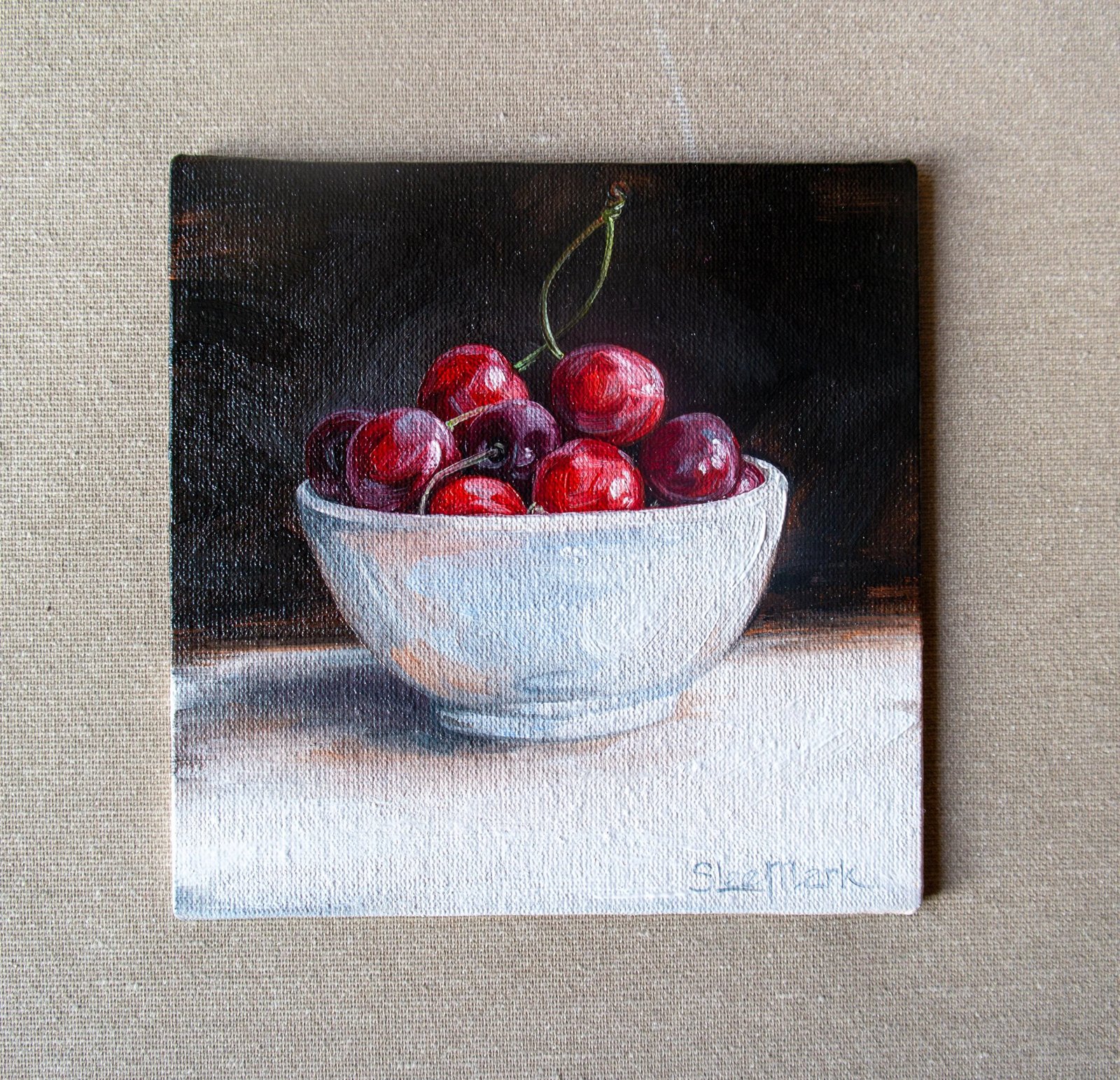 Plate cherries Original art 6x6 by S. Lee Mark Stil life oil painting Fruit art still life Cherry art Home Living Home Wall Décor Paintings