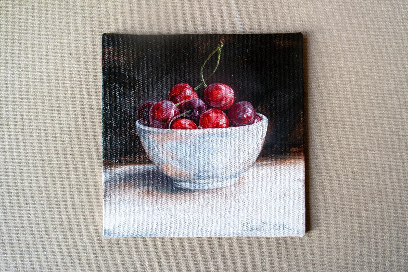 Plate cherries Original art 6x6 by S. Lee Mark Stil life oil painting Fruit art still life Cherry art Home Living Home Wall Décor Paintings